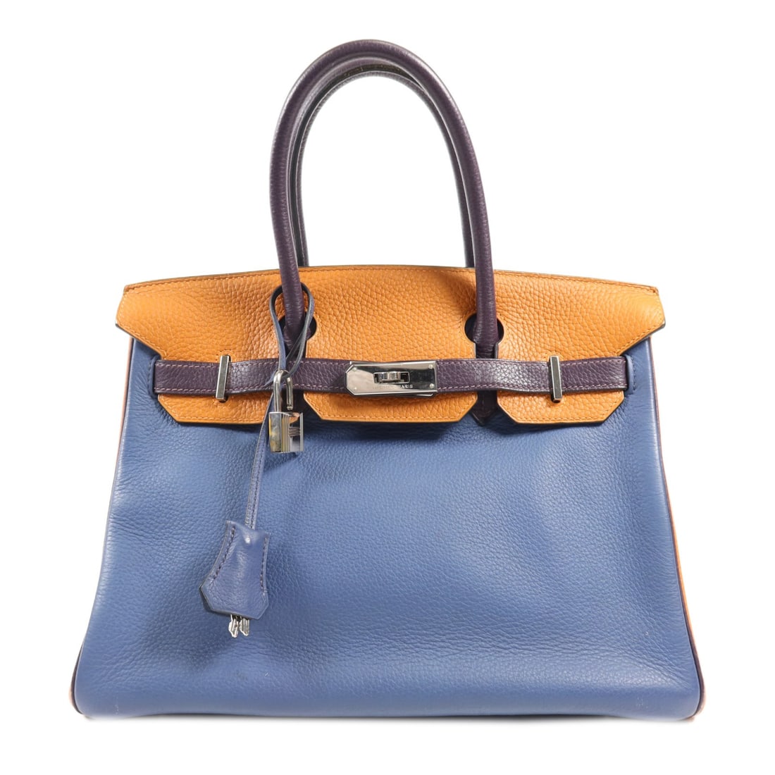 HERMES Birkin 30 Handbag Togo Leather Blue/Orange/Prune PHW: HERMES Birkin 30 Handbag Togo Leather Blue/Orange/Prune PHW This HERMES Birkin 30 Handbag showcases a stunning combination of Colvert, Orange, and Prune colors, crafted from high-quality Togo leather.