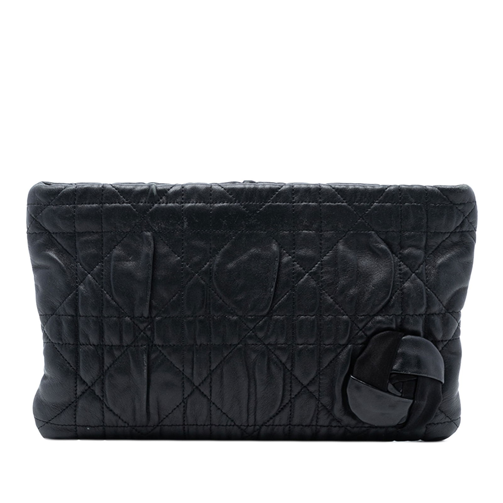 Dior Cannage Quilted Leather Clutch with Rose Applique: Dior Cannage Quilted Leather Clutch with Rose Applique This Dior Calfskin Cannage Rose Clutch features a quilted leather body adorned with rose applique, a top zip closure, and an interior zip pocket.