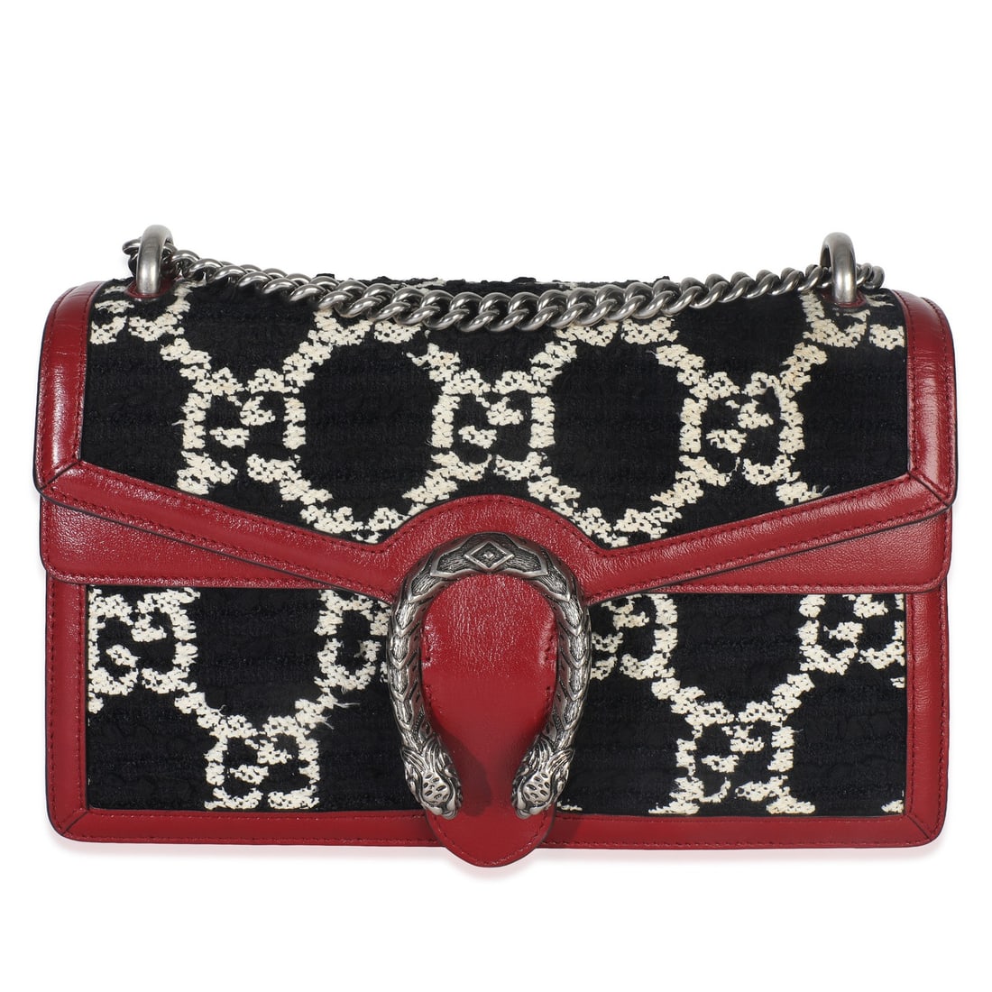 Gucci Dionysus Medium Shoulder Bag in Black White Red Tweed and Leather: Gucci Dionysus Medium Shoulder Bag in Black White Red Tweed and Leather This pre-owned Gucci Medium Dionysus Shoulder Bag features a black, red, and white GG monogram tweed exterior complemented by le