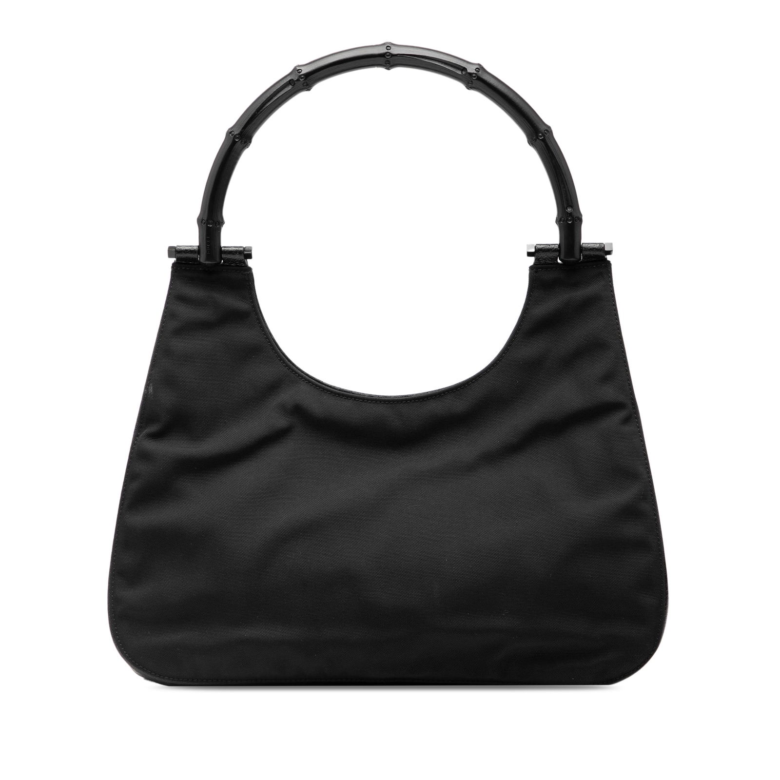 Black Nylon Purse with Bamboo Handle by Gucci: Black Nylon Purse with Bamboo Handle by Gucci This Gucci handbag is crafted from black nylon and features a distinctive bamboo top handle. It has an open top with a magnetic closure and includes an in