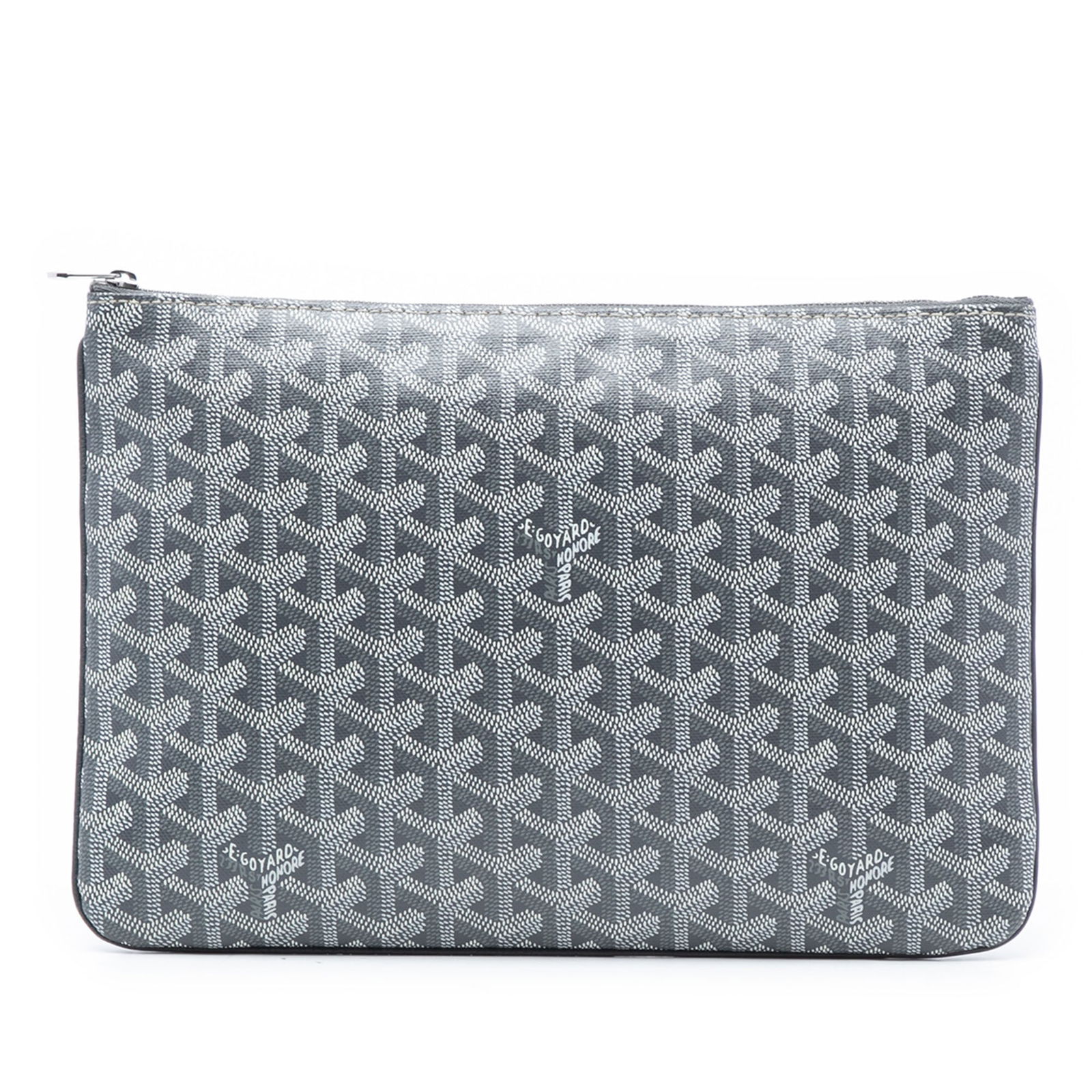 Goyard Goyardine Senat MM gray coated canvas pouch with zip closure: Goyard Goyardine Senat MM gray coated canvas pouch with zip closure This Goyardine Senat MM pouch features a coated canvas body, a top zip closure, and an interior slip pocket. The exterior bottom is