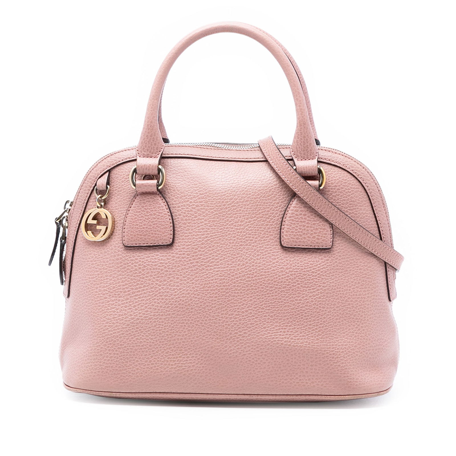 Pink Gucci GG Charm Small Dome Satchel in Calf Leather with Strap: Pink Gucci GG Charm Small Dome Satchel in Calf Leather with Strap This Gucci Small Dollar Calfskin GG Charm Dome Satchel is crafted from pink calf leather and features rolled leather handles, a detach