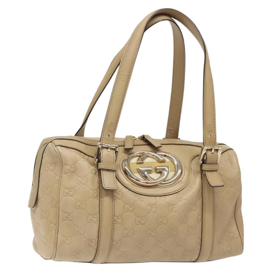 Leather Beige Gucci Vintage Interlocking G Shoulder Purse 28cm: Leather Beige Gucci Vintage Interlocking G Shoulder Purse 28cm This Gucci vintage shoulder bag features the iconic Interlocking G design crafted from beige leather. Designed for women, the bag shows s