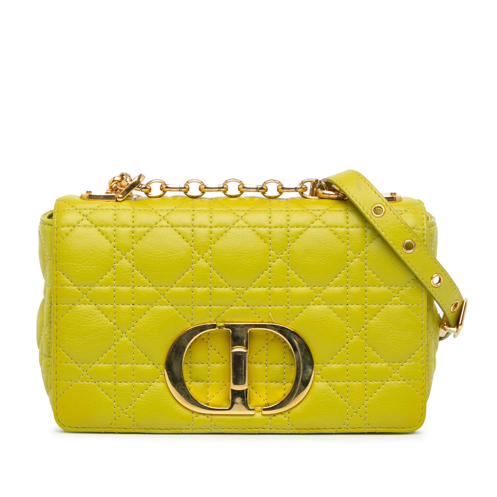Dior Small Calfskin Cannage Caro Bag Yellow Leather with Chain Strap: Dior Small Calfskin Cannage Caro Bag Yellow Leather with Chain Strap Introducing the Dior Small Calfskin Cannage Caro Bag, a stunning accessory that combines elegance with functionality. This bag feat