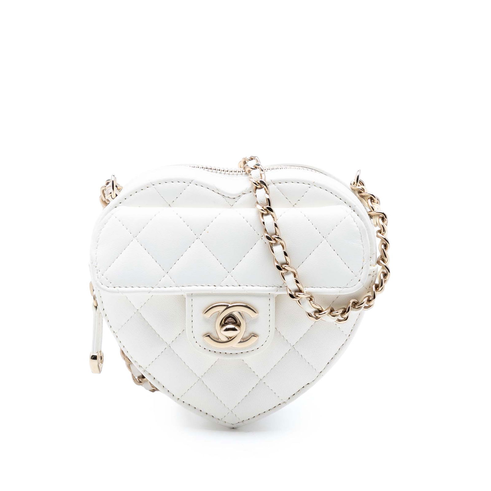 White Chanel CC in Love Heart Mini Quilted Lambskin Crossbody Bag: White Chanel CC in Love Heart Mini Quilted Lambskin Crossbody Bag This Chanel Mini Lambskin CC in Love Heart Crossbody bag features a quilted lambskin leather body in white, complemented by a leather-