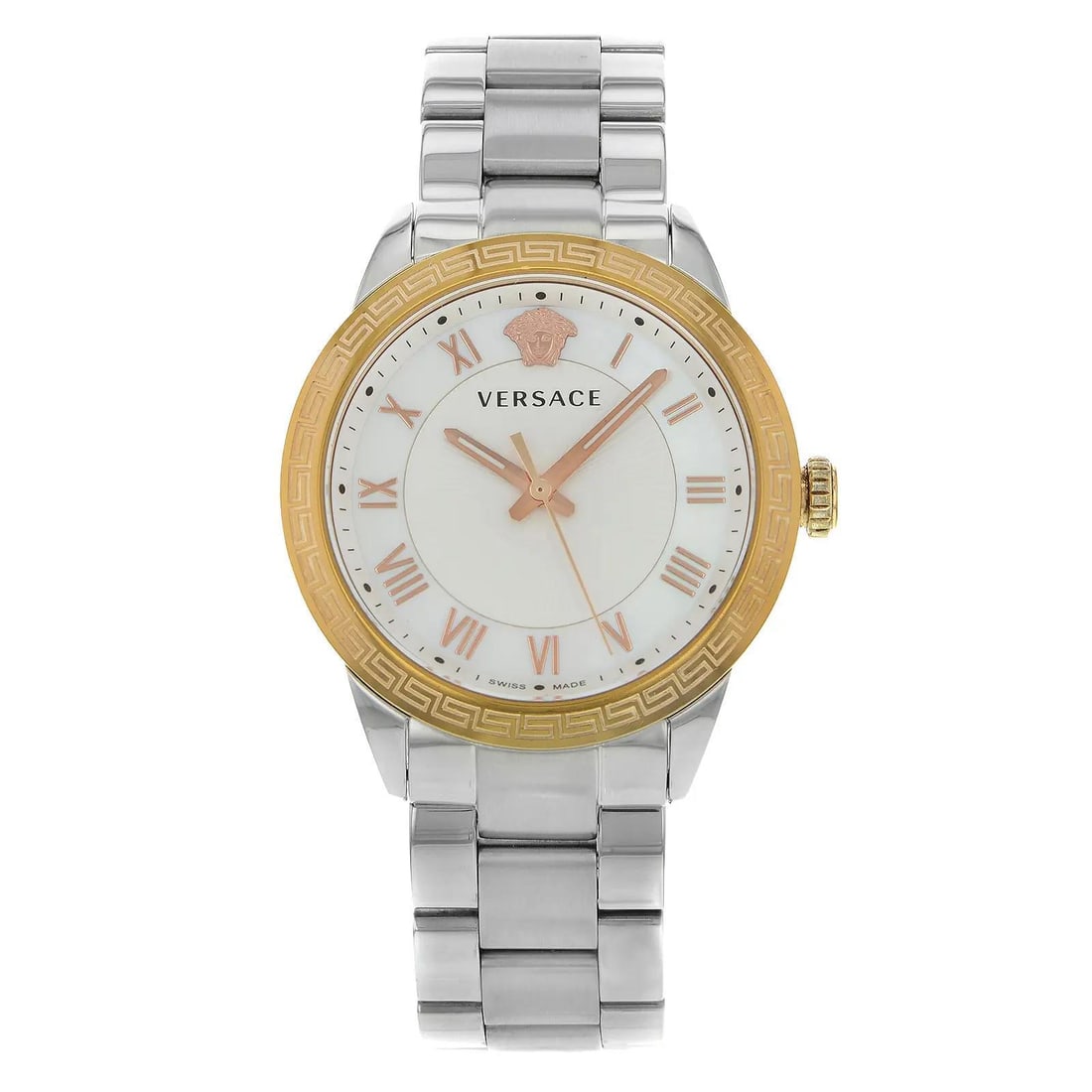 Versace V Sport Quartz Ladies Watch Medusa MOP Dial Rose Gold Bezel: Versace V Sport Quartz Ladies Watch Medusa MOP Dial Rose Gold Bezel Elevate your style with the Versace V Sport Medusa Head watch, a stunning blend of luxury and functionality. This casual wristwatch