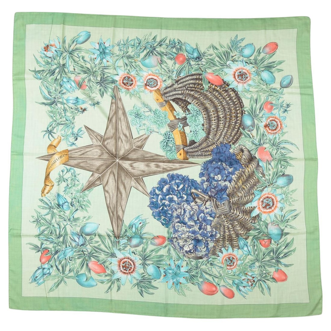Hermes Passiflores Green Silk Scarf by Valerie Dawlat-Dumoulin 35 Inch: Hermes Passiflores Green Silk Scarf by Valerie Dawlat-Dumoulin 35 Inch This Hermes Passiflores scarf features a vibrant green design crafted from 100% silk with hand-rolled edges. Designed by Valerie