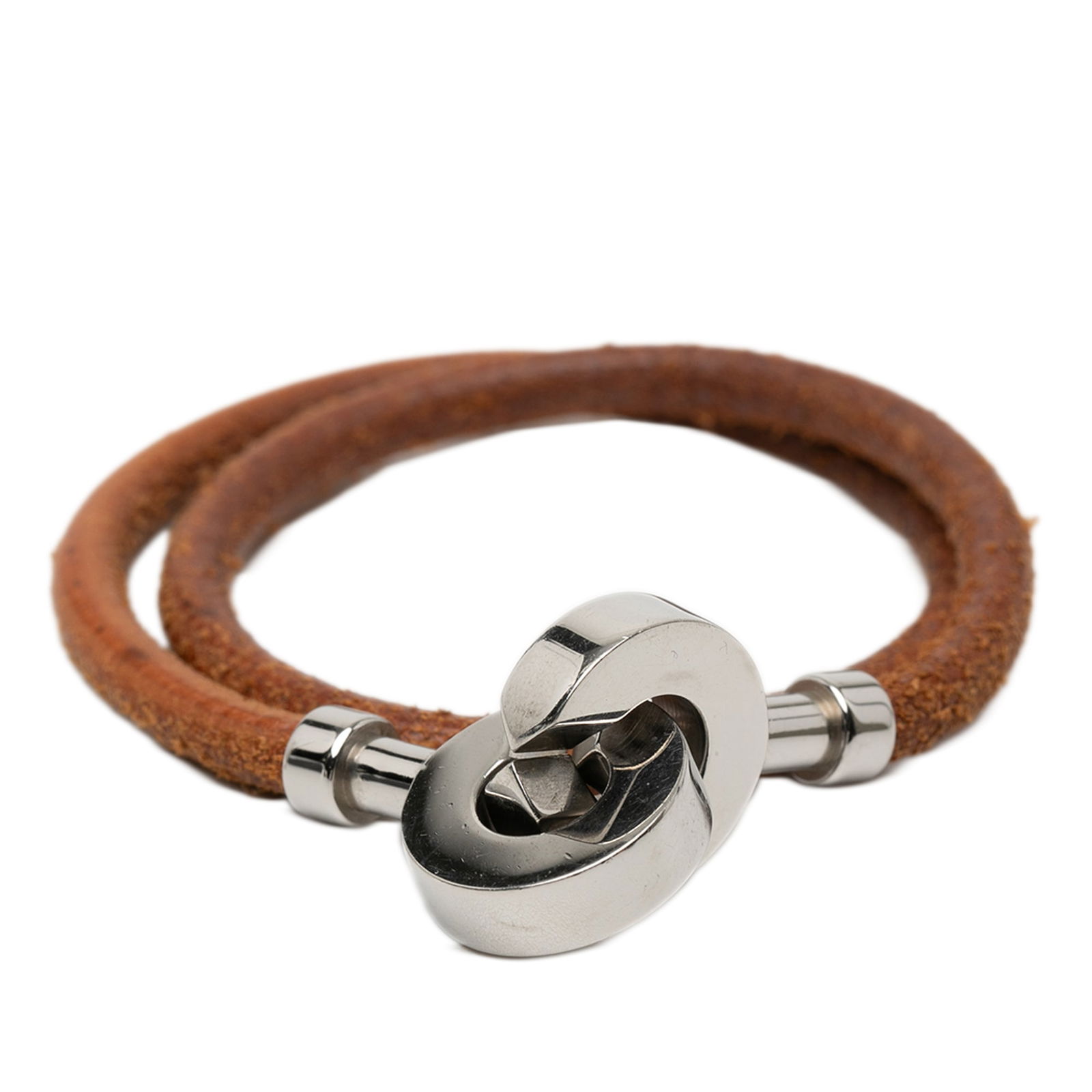 Lancelot Double Tour Bracelet in Brown Leather with Palladium Plated Toggle by Hermes: Lancelot Double Tour Bracelet in Brown Leather with Palladium Plated Toggle by Hermes This Hermes Lancelot Double Tour bracelet features a rolled leather body in brown and a palladium plated toggle cl