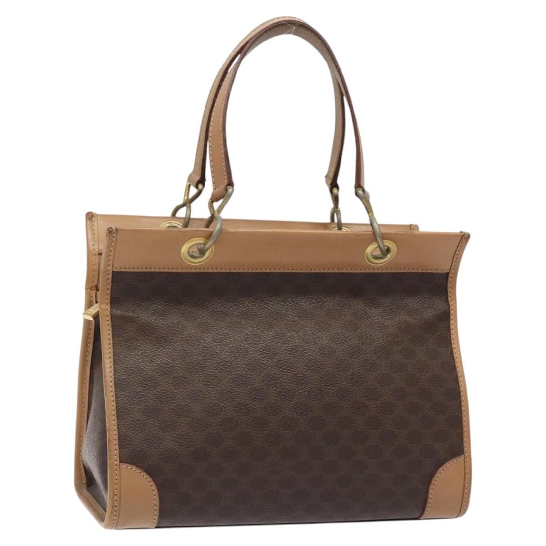 Macadam Canvas and Leather Brown Handbag by Celine: Macadam Canvas and Leather Brown Handbag by Celine This Celine Macadam handbag features a brown canvas body accented with leather details. Designed for women, it measures 25cm x 20cm x 10cm and is cra