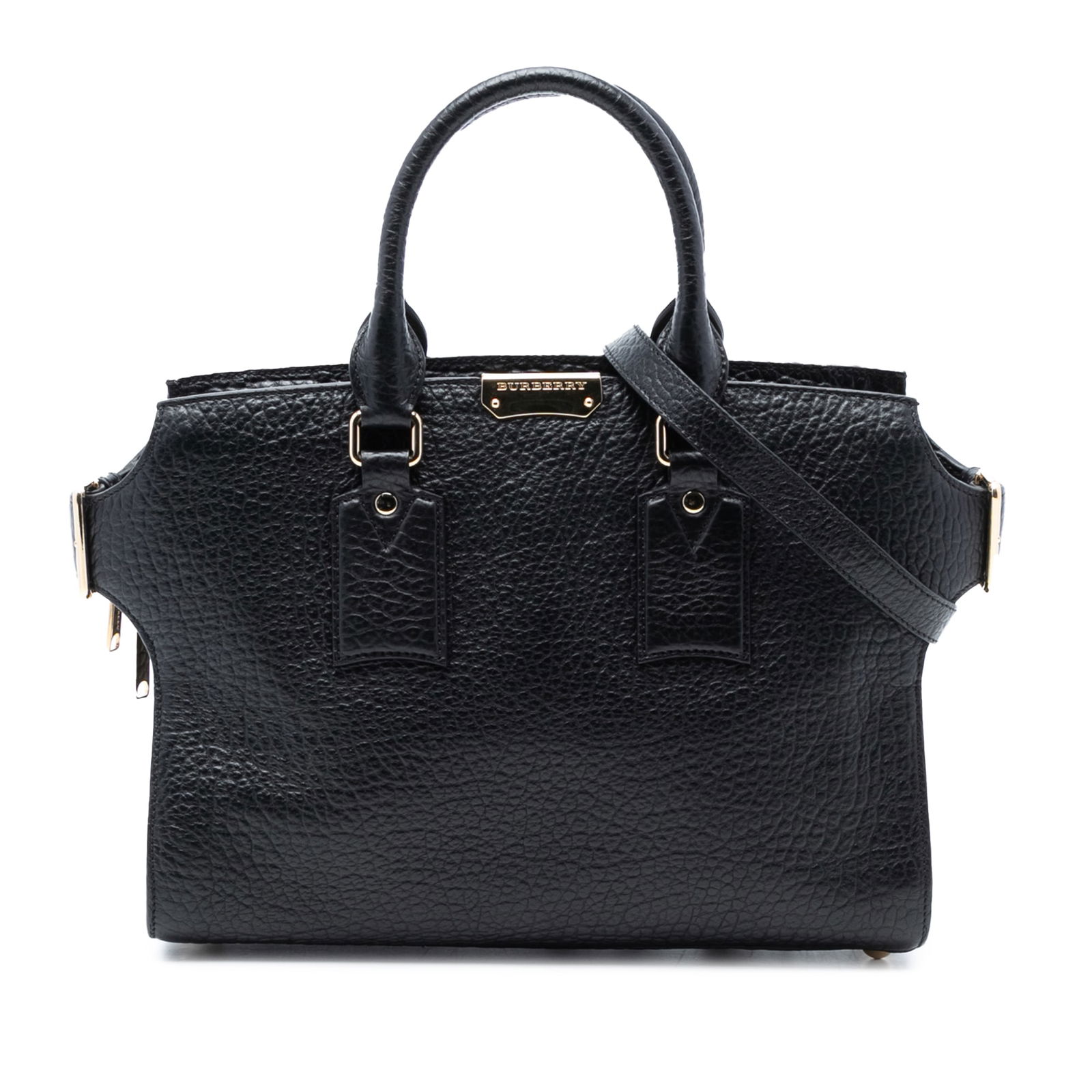 Burberry Clifton Medium Black Leather Satchel with Shoulder Strap: Burberry Clifton Medium Black Leather Satchel with Shoulder Strap This Burberry Medium Grained Leather Clifton Satchel is crafted from black leather and features rolled leather handles, a detachable f