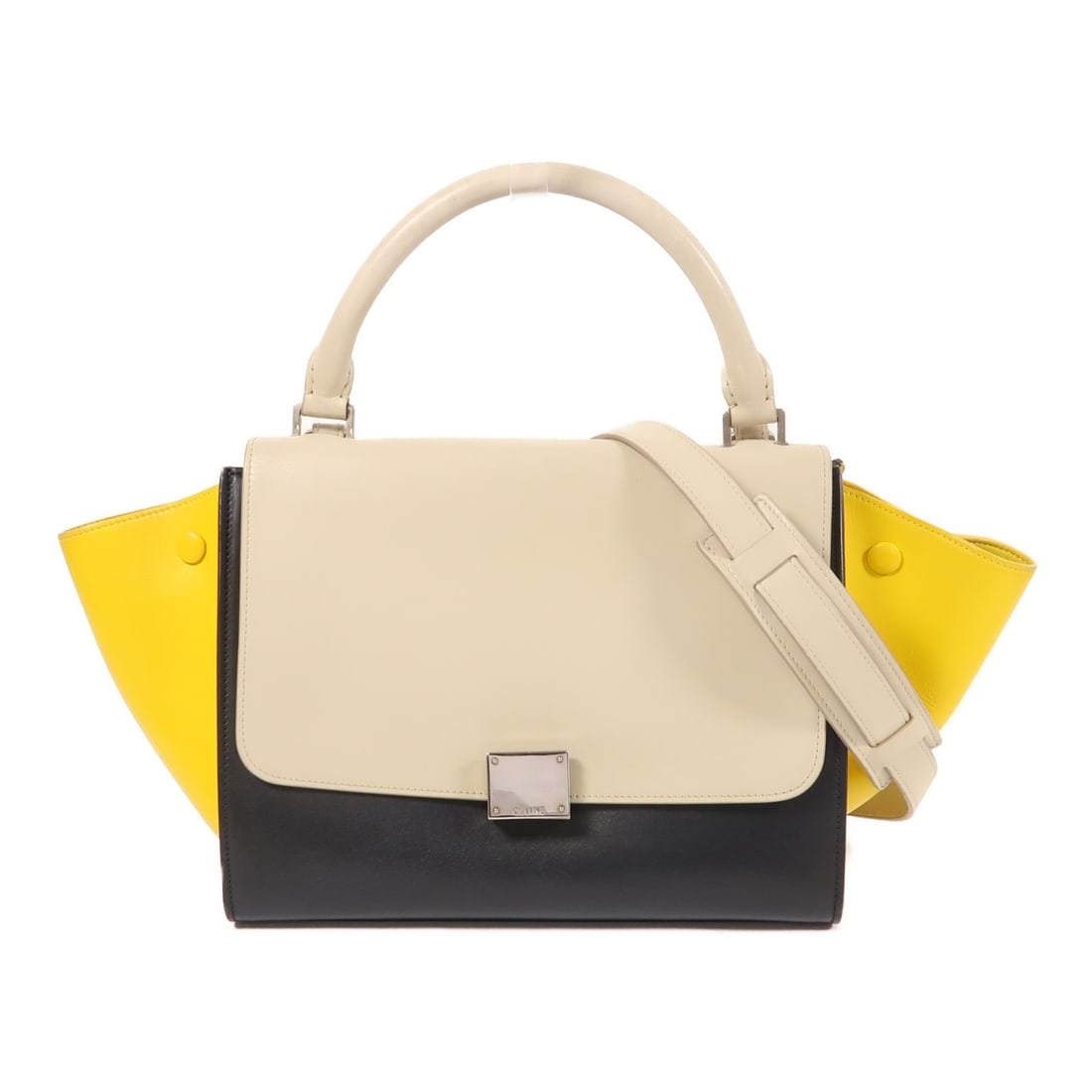 CELINE Trapeze 2 Way Shoulder Bag Calfskin Leather Gray Black Yellow: CELINE Trapeze 2 Way Shoulder Bag Calfskin Leather Gray Black Yellow This CELINE 2 Way Shoulder Bag is crafted from high-quality calfskin leather, showcasing a stylish combination of grey, black, and