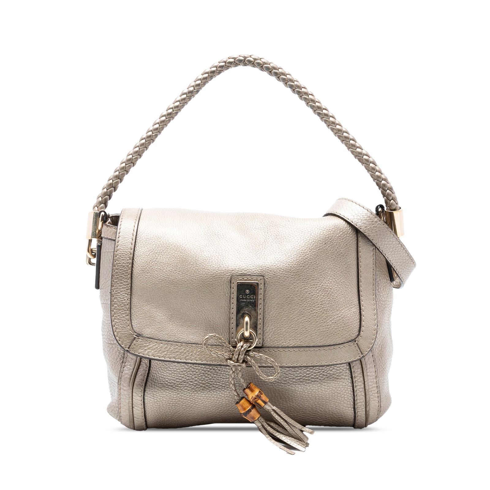 Gucci Leather Bella Satchel Bag Gold Italy with Braided Strap: Gucci Leather Bella Satchel Bag Gold Italy with Braided Strap The Gucci Leather Bella Satchel is a sophisticated handbag crafted from high-quality leather, featuring a chic design with a rolled braide