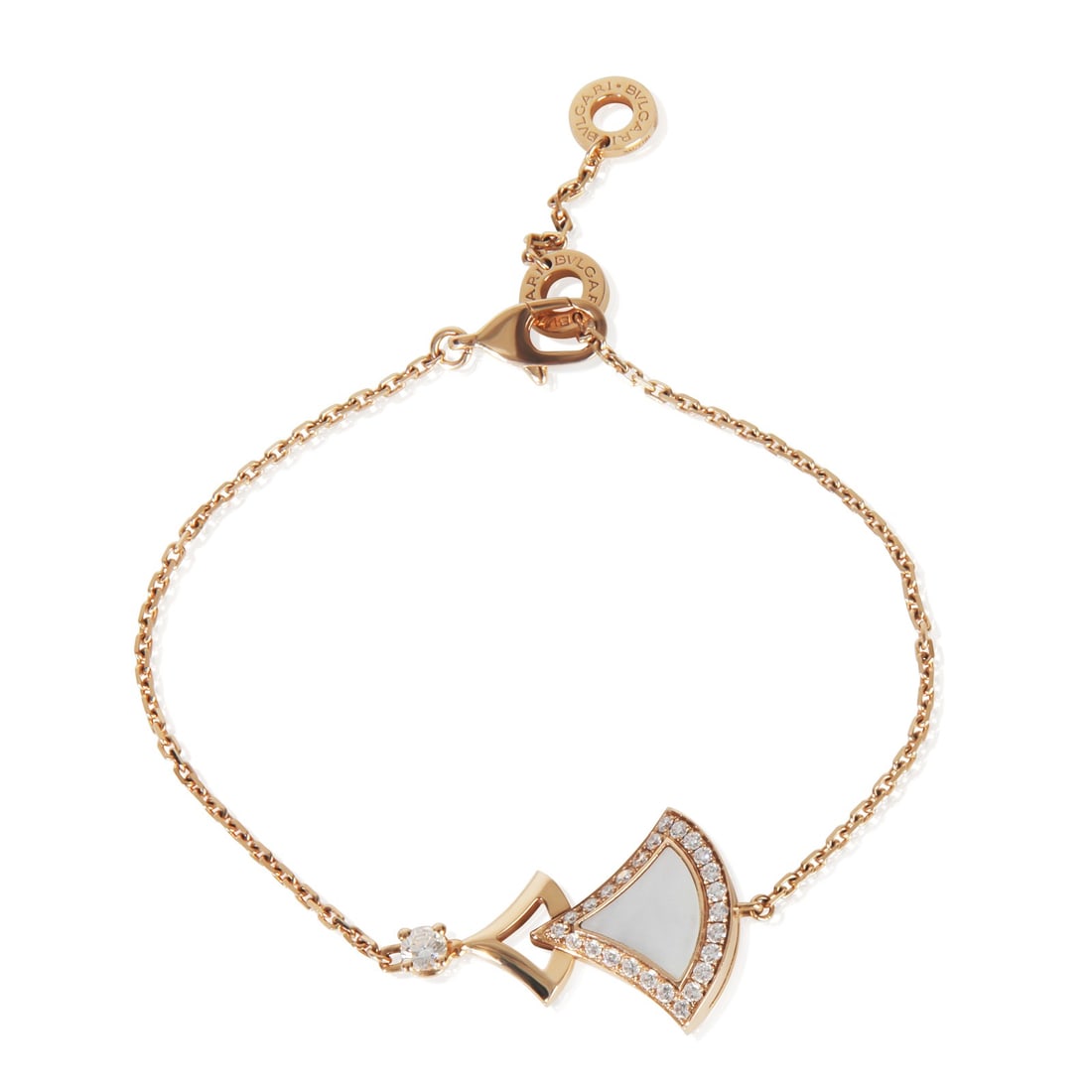 Diva's Dream Bracelet in 18k Rose Gold with Mother of Pearl and Diamonds: Diva's Dream Bracelet in 18k Rose Gold with Mother of Pearl and Diamonds This BVLGARI Diva's Dream bracelet features 18k rose gold with a mother of pearl centerpiece and 0.31 carats of round brilliant