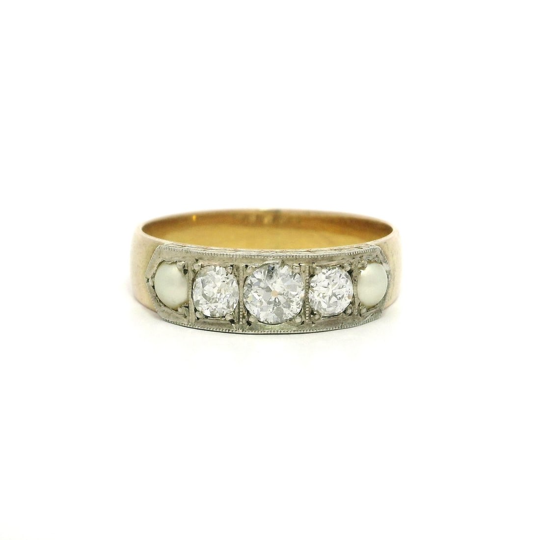 Antique Edwardian Gold Silver Diamond Pearl Hand Engraved Band Ring: Antique Edwardian Gold Silver Diamond Pearl Hand Engraved Band Ring This exquisite Antique Edwardian band ring showcases a stunning combination of old diamonds and cultured pearls, beautifully hand en