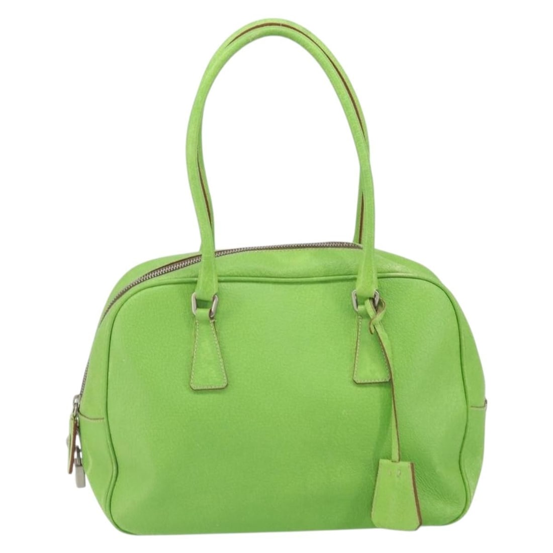 Green Leather Prada Handbag Vintage Design 29cm by 19cm by 12cm: Green Leather Prada Handbag Vintage Design 29cm by 19cm by 12cm This vintage Prada handbag for women features green leather construction with a classic design. It shows signs of wear including surface