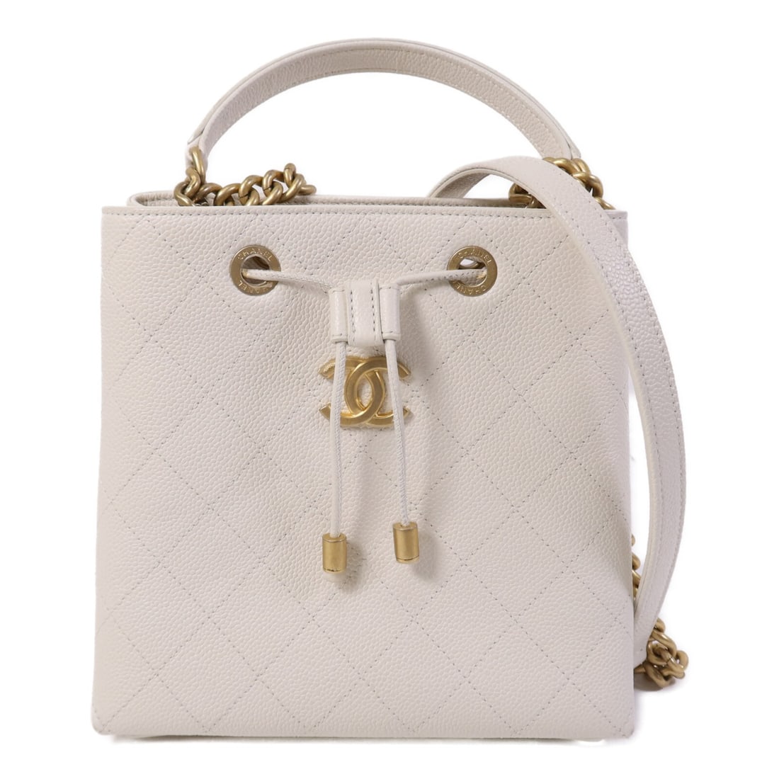 CHANEL 2way Shoulder Bag White Calfskin Leather GHW: CHANEL 2way Shoulder Bag White Calfskin Leather GHW This elegant CHANEL 2-way Shoulder Bag is crafted from luxurious white calfskin leather, offering a sophisticated touch to any outfit. The bag featu