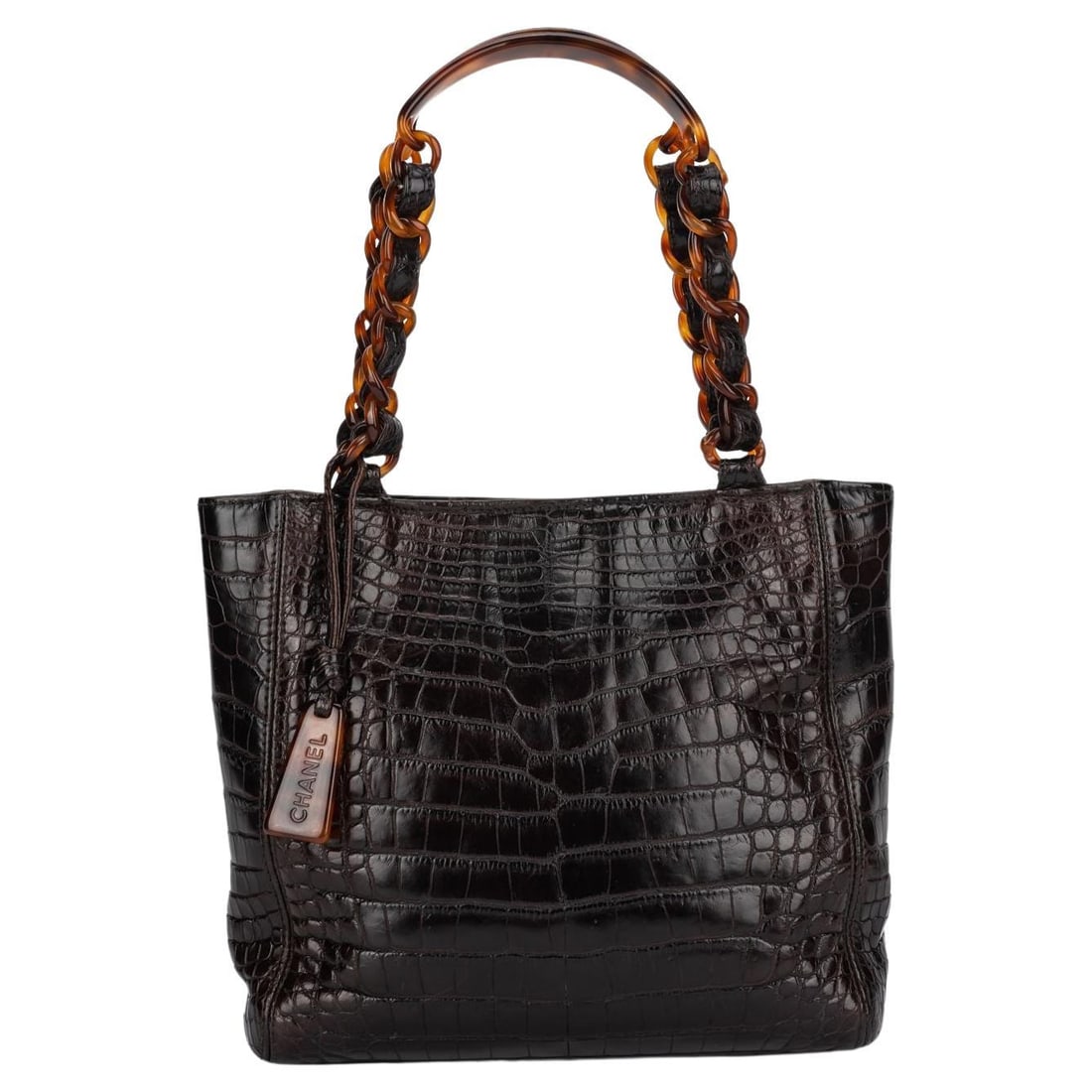 Chanel Rare Black Alligator Faux Tortoise Chain Bag 5th Collection: Chanel Rare Black Alligator Faux Tortoise Chain Bag 5th Collection Introducing the exquisite Chanel Alligator Faux Tortoise Chain Bag, a rare piece from the 5th collection (1997/1999). This stunning b