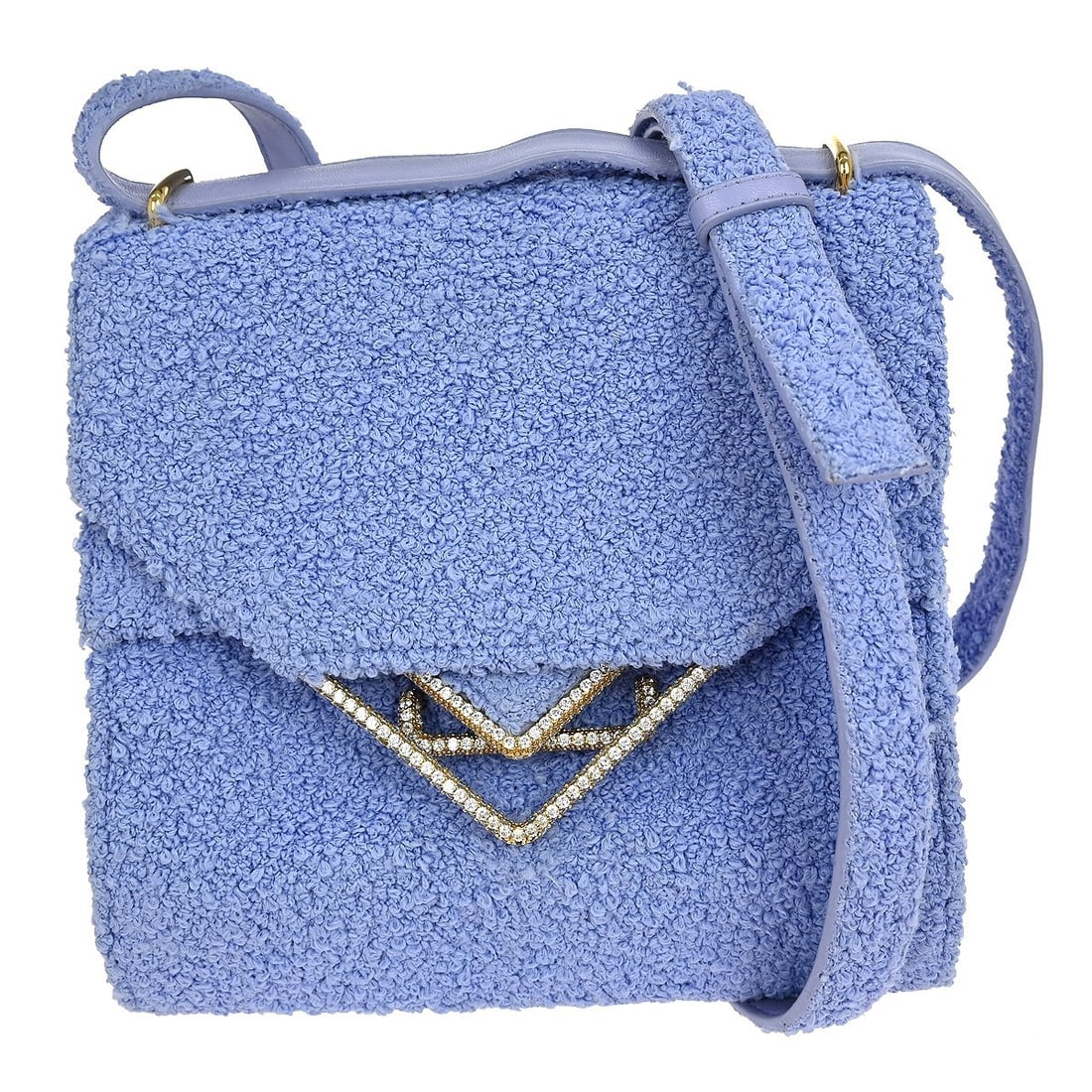 Blue Canvas Clip Flap Shoulder Bag with Crystal Boucle by Bottega Veneta: Blue Canvas Clip Flap Shoulder Bag with Crystal Boucle by Bottega Veneta This Bottega Veneta Clip Flap Bag features a blue canvas exterior and is designed for women. The shoulder bag showcases boucle