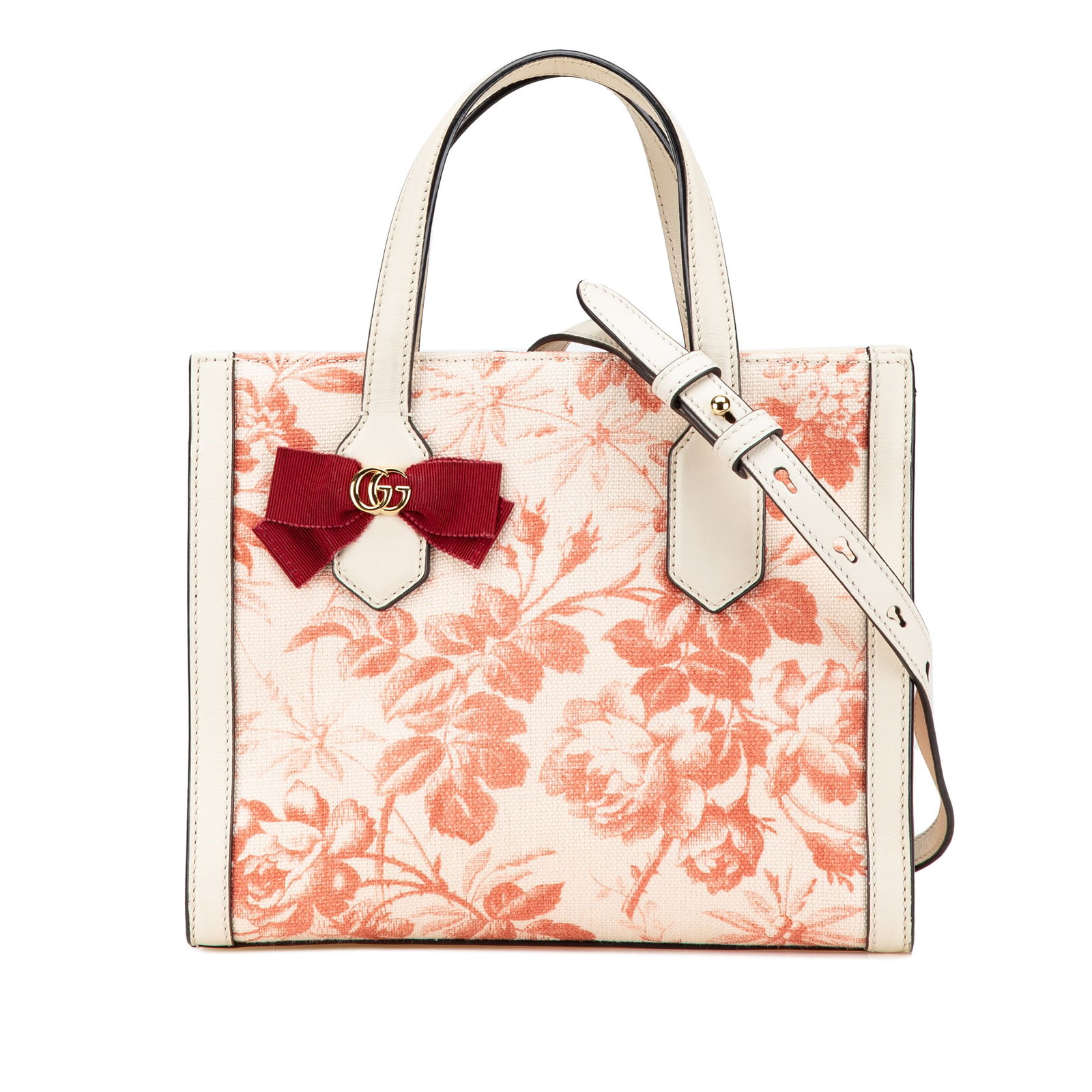 Gucci GG Ribbon Herbarium Floral Satchel Pink Fabric Bag: Gucci GG Ribbon Herbarium Floral Satchel Pink Fabric Bag The Gucci GG Ribbon Herbarium Satchel showcases a stunning floral canvas body complemented by luxurious leather trim. This stylish bag features