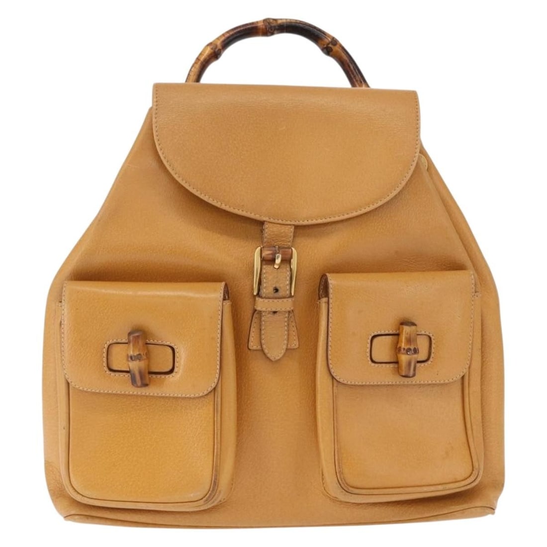 Gucci Vintage Leather Backpack Bamboo Handle Brown 30cm by 28cm: Gucci Vintage Leather Backpack Bamboo Handle Brown 30cm by 28cm This vintage Gucci Bamboo Backpack for women features a brown leather construction with bamboo detail. The bag shows signs of wear inclu