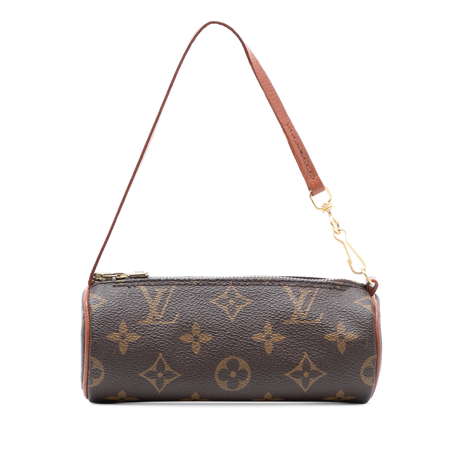 Brown Monogram Canvas Papillon Pochette Bag by Louis Vuitton: Brown Monogram Canvas Papillon Pochette Bag by Louis Vuitton The Louis Vuitton Monogram Papillon Pochette features a monogram canvas body with a flat leather strap and a top zip closure. The bag is br
