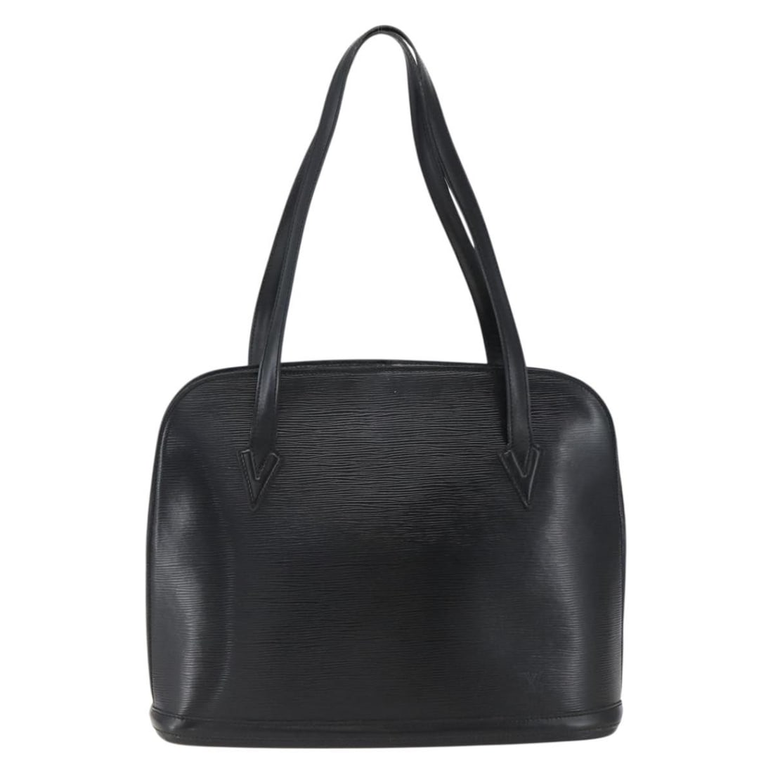 Black Epi Leather Lussac Shoulder Handbag by Louis Vuitton 37cm: Black Epi Leather Lussac Shoulder Handbag by Louis Vuitton 37cm The Louis Vuitton Lussac Handbag in black Epi leather features a classic design with notable signs of wear including surface rubbing, sl