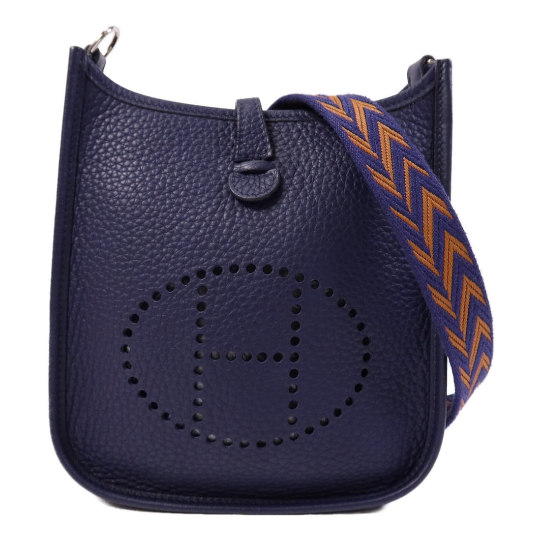 Evelyne TPM Blue Clemence Leather Shoulder Bag with Palladium Hardware: Evelyne TPM Blue Clemence Leather Shoulder Bag with Palladium Hardware This HERMES Evelyne TPM shoulder bag is crafted from Clemence calfskin leather in a rich blue hue. It features palladium hardware