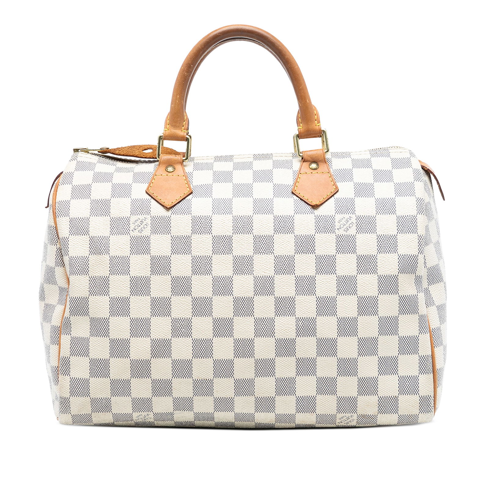 Louis Vuitton Speedy 30 Bag in Damier Azur Canvas with Leather Trim: Louis Vuitton Speedy 30 Bag in Damier Azur Canvas with Leather Trim This Louis Vuitton Damier Azur Speedy 30 handbag features a signature damier azur canvas body with vachetta leather trim and rolled