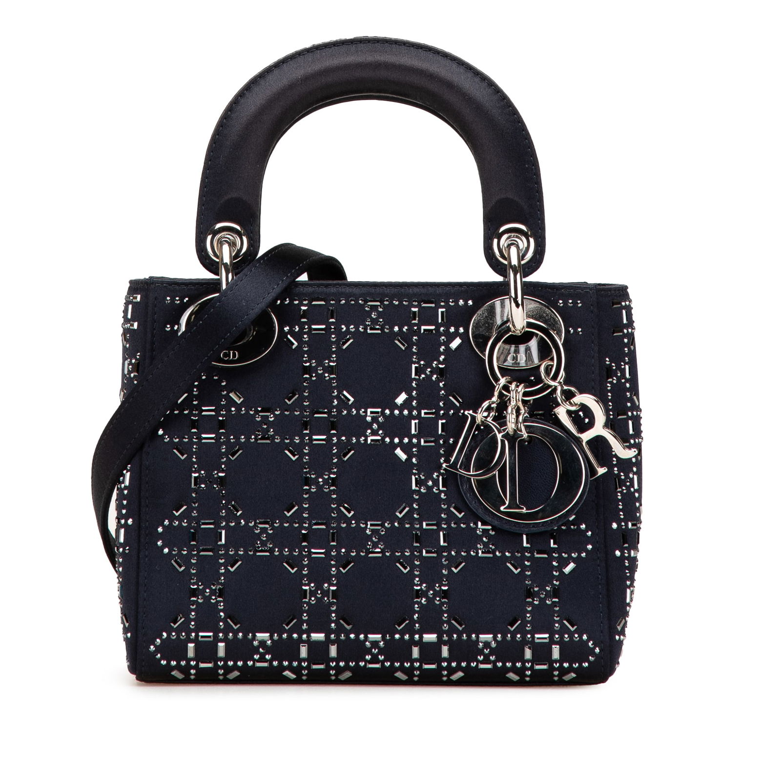 Dior Mini Satin Cannage Lady Dior Blue Crystal Bag: Dior Mini Satin Cannage Lady Dior Blue Crystal Bag This Mini Satin Cannage Strass Crystal Embellished Lady Dior bag exudes elegance and sophistication. Crafted from luxurious satin fabric in a stunnin