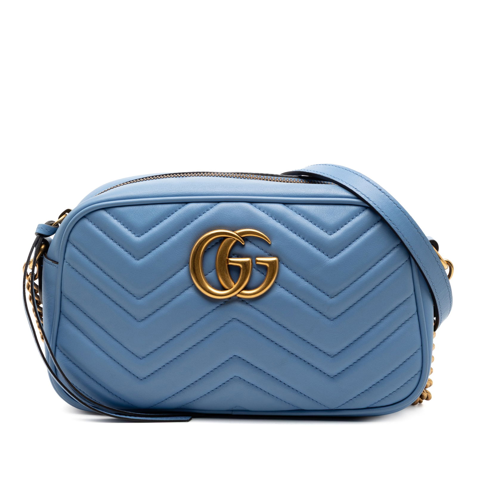 Blue Small GG Marmont Matelasse Leather Crossbody Bag by Gucci: Blue Small GG Marmont Matelasse Leather Crossbody Bag by Gucci This Gucci Small GG Marmont Matelasse Leather Crossbody bag features a quilted leather exterior in blue, an adjustable curb chain strap,