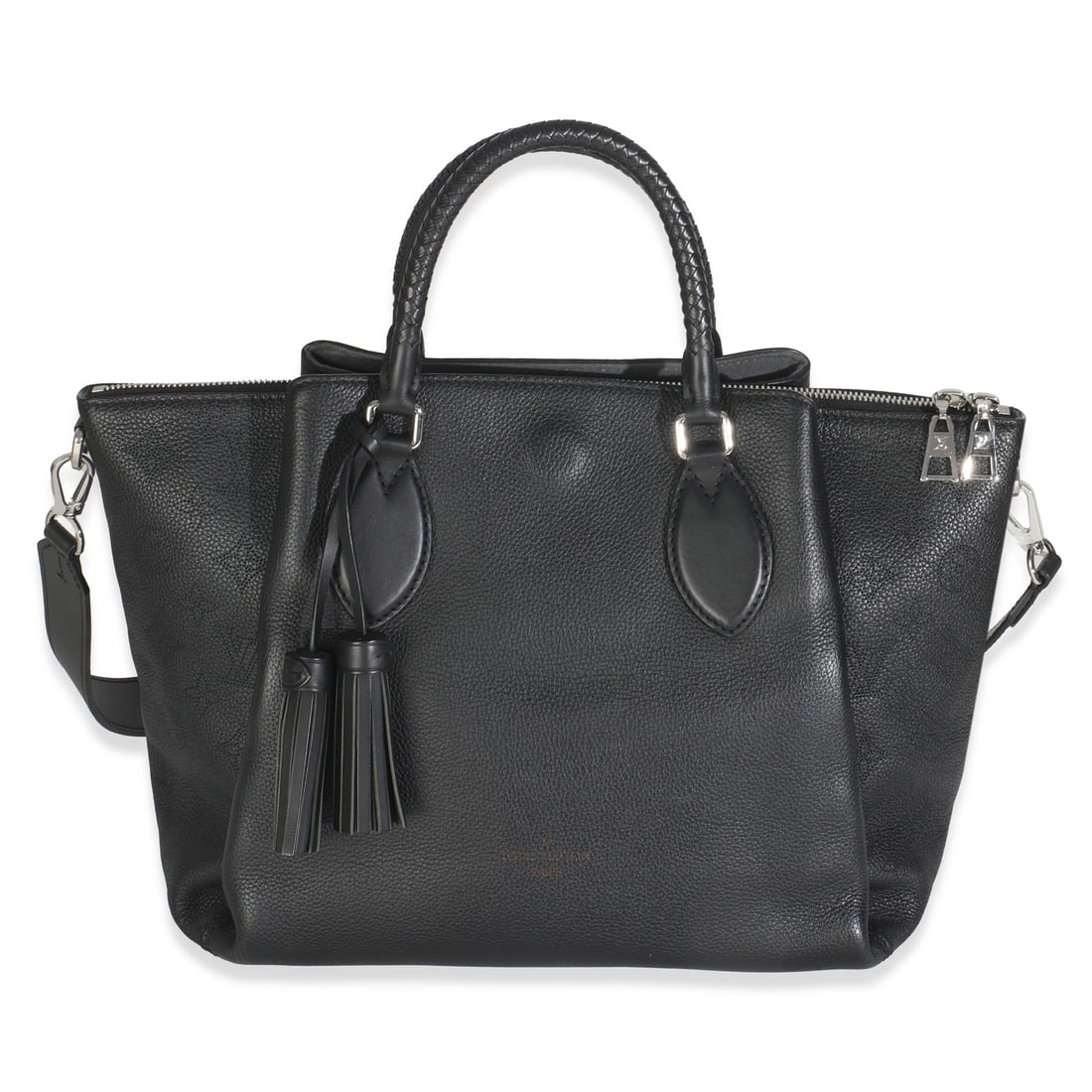 Black Leather Haumea Shoulder Handbag with Dustbag and Removable Straps: Black Leather Haumea Shoulder Handbag with Dustbag and Removable Straps This Louis Vuitton Haumea bag features a black monogram Mahina leather exterior and silver-tone hardware. Designed with versatil