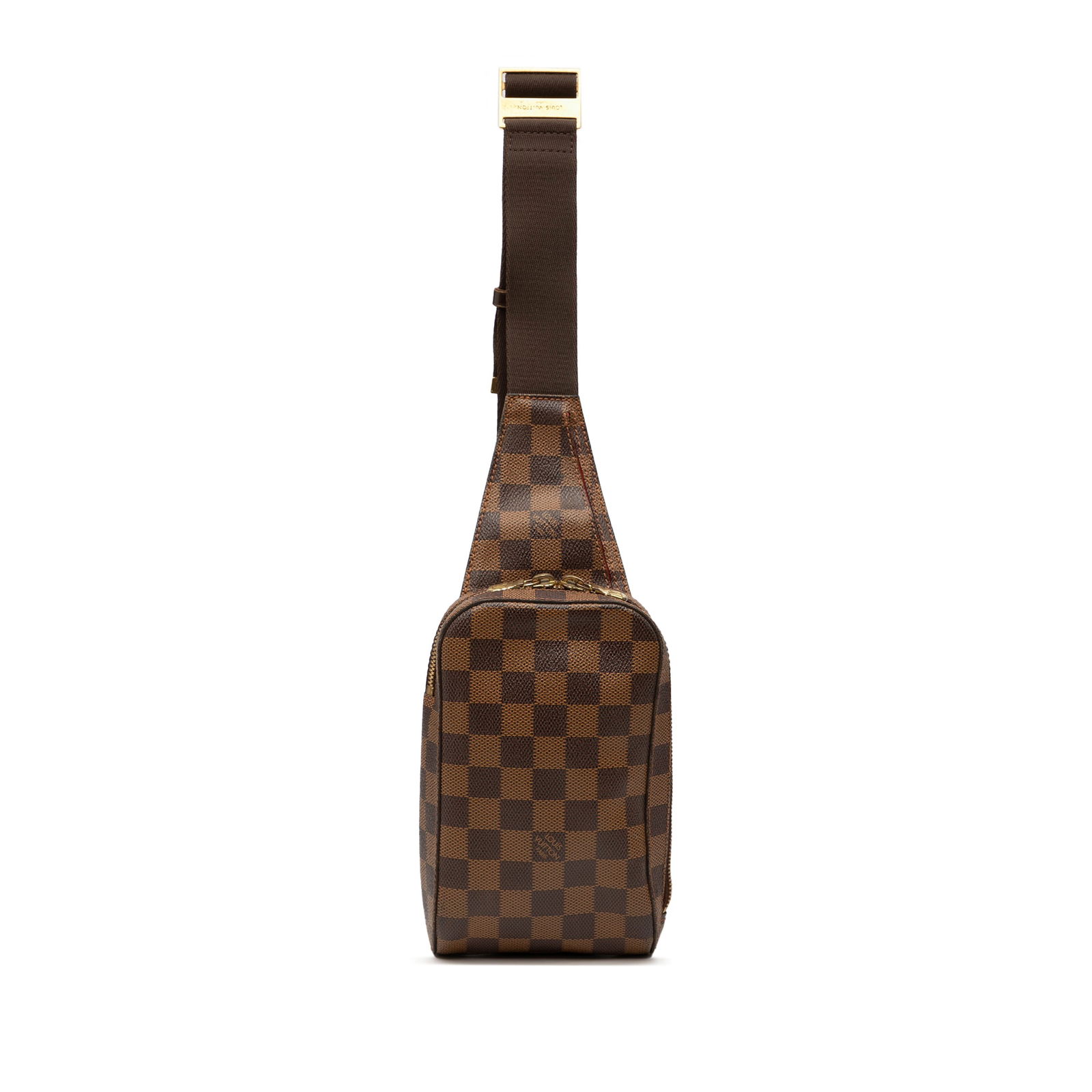 Damier Ebene Geronimos crossbody bag by Louis Vuitton in brown canvas: Damier Ebene Geronimos crossbody bag by Louis Vuitton in brown canvas The Louis Vuitton Damier Ebene Geronimos features a damier canvas body in brown, an adjustable flat strap, a top zip closure, and
