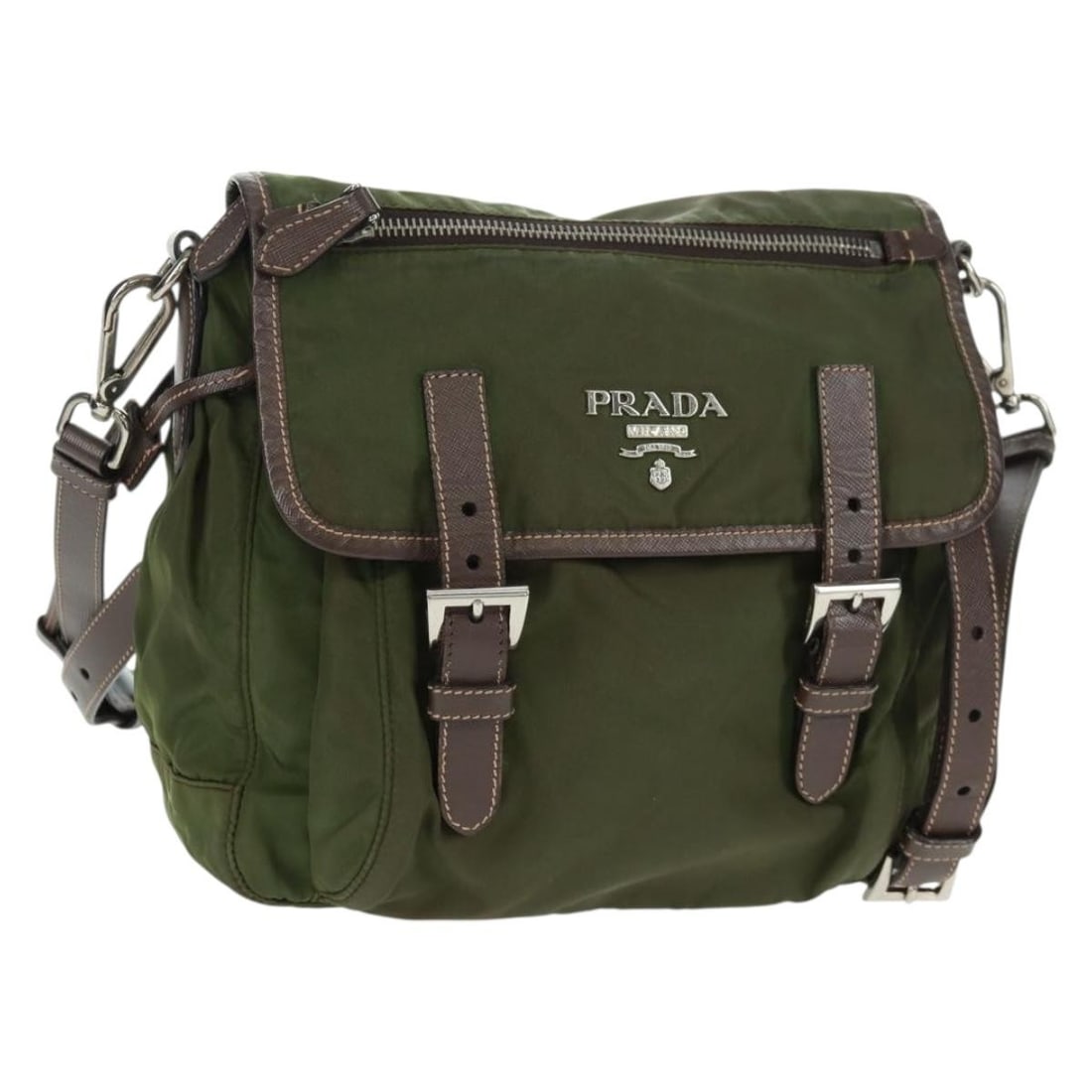 Prada Nylon Messenger Bag Zip Buckle Green 23cm by 21cm by 9cm: Prada Nylon Messenger Bag Zip Buckle Green 23cm by 21cm by 9cm Unisex Prada Zip Buckle Messenger Bag crafted from green nylon with leather accents. The bag features a zip buckle design and a shoulder