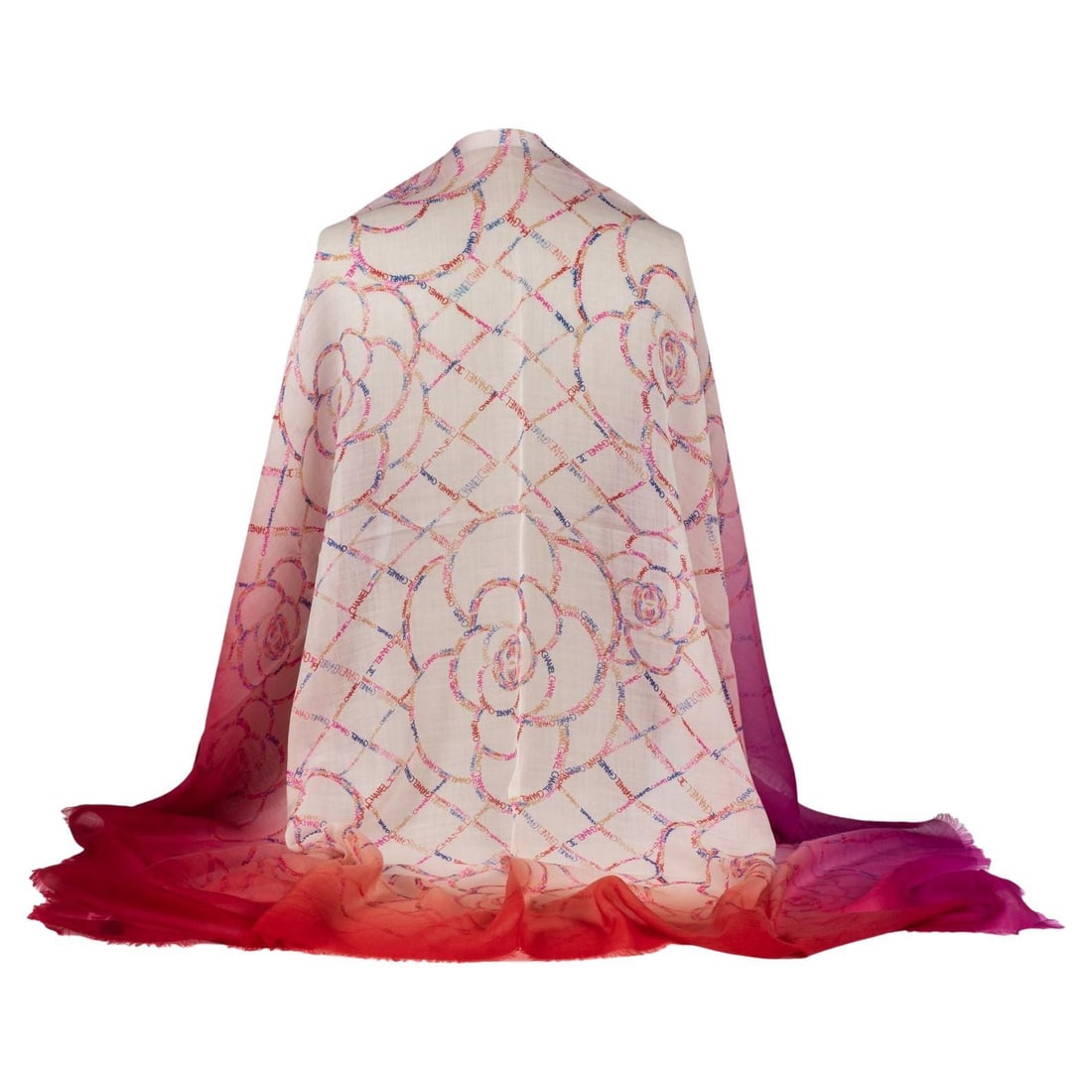 Chanel Cashmere Shawl New Camellia Degrade Fuchsia Red 52x52: Chanel Cashmere Shawl New Camellia Degrade Fuchsia Red 52x52 Elevate your wardrobe with this exquisite Chanel New Camellia Degrade Shawl. Crafted from luxurious cashmere, this shawl features a stunnin
