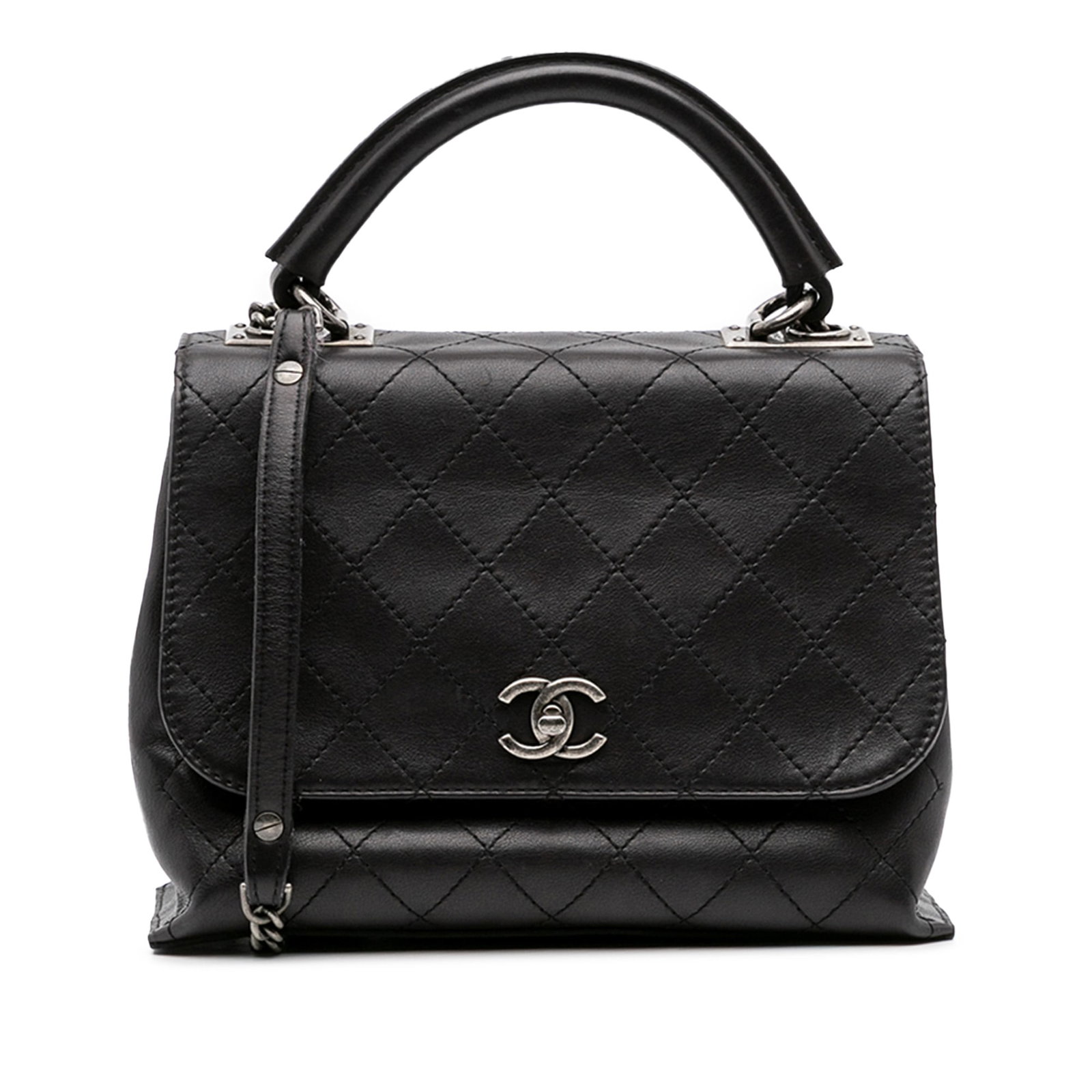 Chanel Urban Luxury Black Leather Top Handle Bag: Chanel Urban Luxury Black Leather Top Handle Bag This Chanel Stitched Calfskin Urban Luxury Top Handle Bag is a stylish and functional accessory crafted from premium leather. It features a rolled leat