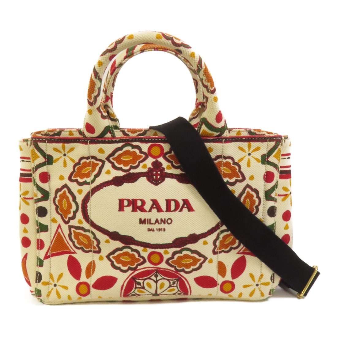 Prada Canapa Joy Multicolor Canvas Two Way Shoulder Bag with Gold Hardware: Prada Canapa Joy Multicolor Canvas Two Way Shoulder Bag with Gold Hardware This PRADA 2-way shoulder bag features a multicolor canvas exterior, offering versatility and a vibrant look. Crafted in Ital