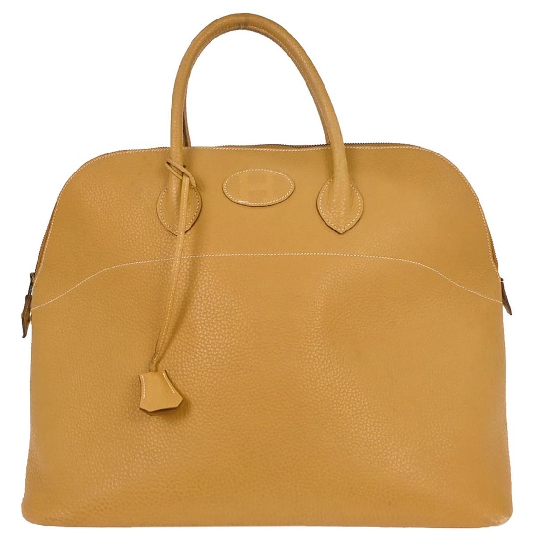 Beige Leather Hermes Bolide 45 Handbag 46cm x 35cm x 25cm: Beige Leather Hermes Bolide 45 Handbag 46cm x 35cm x 25cm This pre-owned Hermes Bolide Bag, crafted from beige leather, offers a timeless design for women. The bag displays noticeable dirt and scuffs