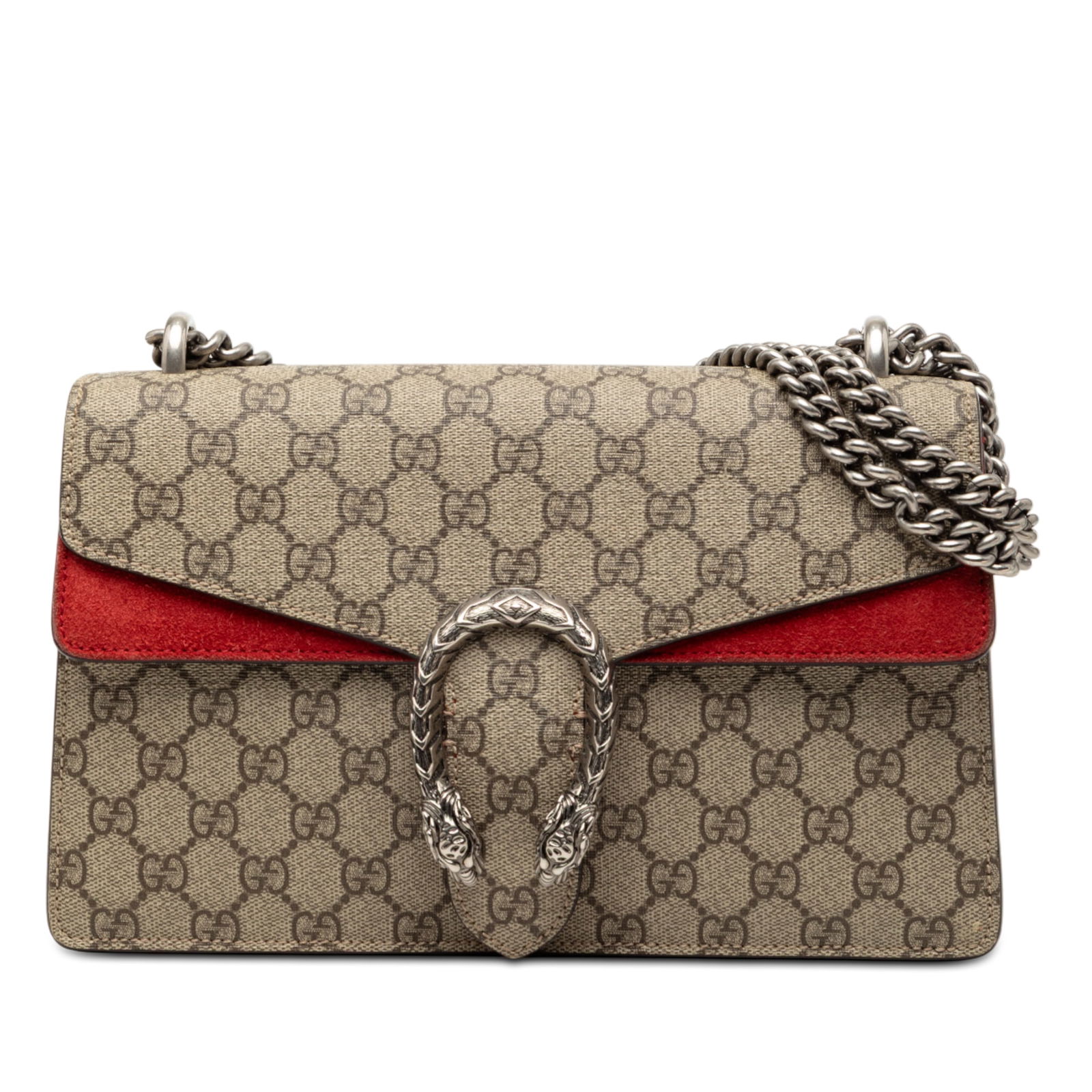 Gucci Dionysus Medium GG Supreme Canvas Shoulder Bag with Suede Trim: Gucci Dionysus Medium GG Supreme Canvas Shoulder Bag with Suede Trim The Gucci Medium GG Supreme Dionysus Shoulder Bag features a coated canvas body with suede leather trim, a silver-tone curb chain s