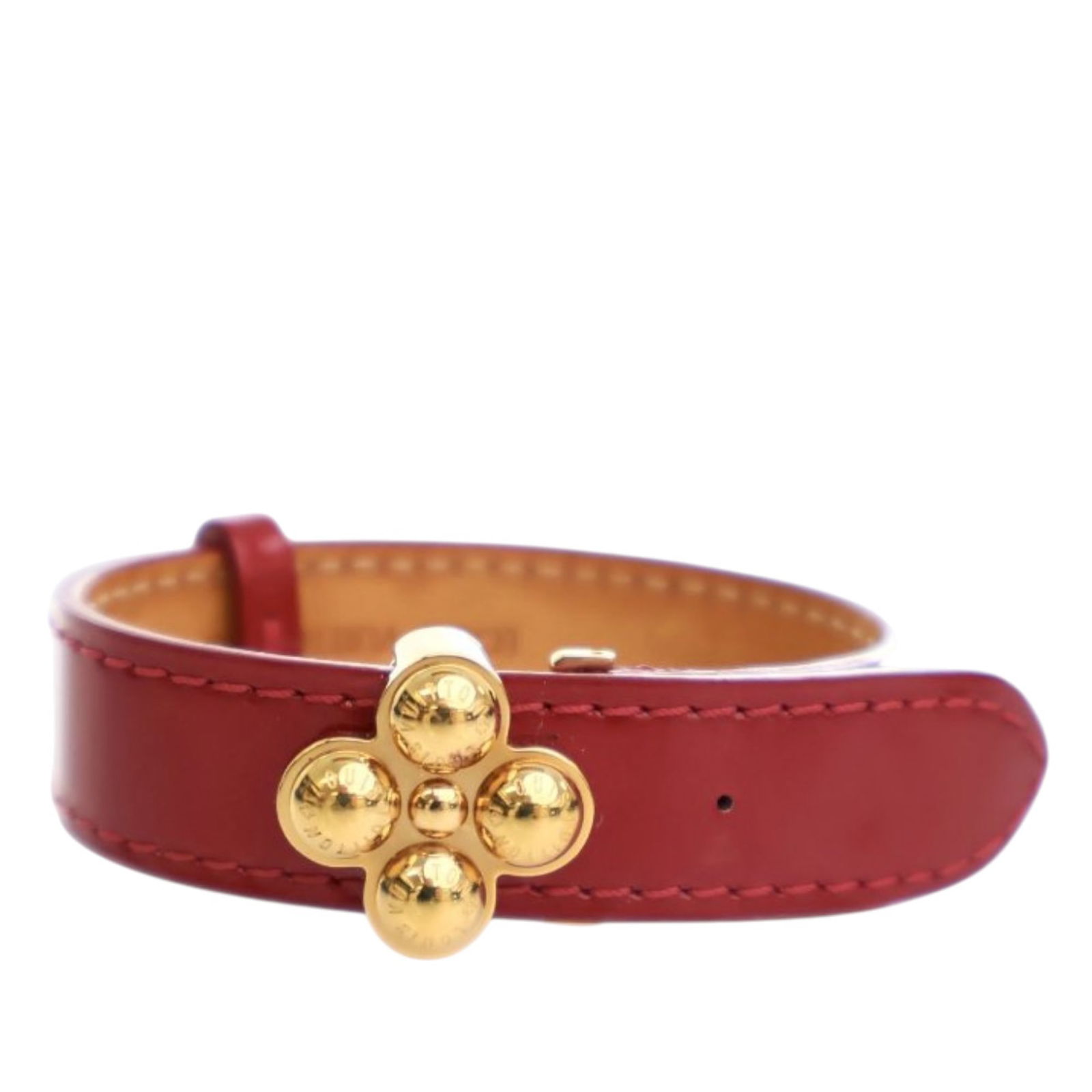 Red Vernis Leather Bloom It Bracelet by Louis Vuitton with Gold Clasp: Red Vernis Leather Bloom It Bracelet by Louis Vuitton with Gold Clasp This Louis Vuitton Monogram Vernis Bloom It Bracelet 17 features a vernis leather body in red with a gold-tone clasp closure. The