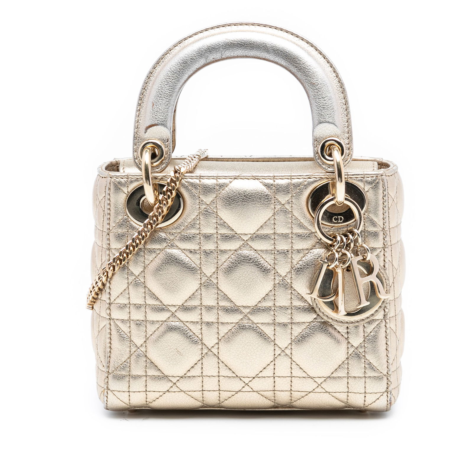 Dior Lady Dior Mini Gold Metallic Cannage Quilted Lambskin Bag: Dior Lady Dior Mini Gold Metallic Cannage Quilted Lambskin Bag This Mini Lady Dior handbag features a quilted metallic lambskin leather body in gold, flat leather top handles, a detachable flat leathe