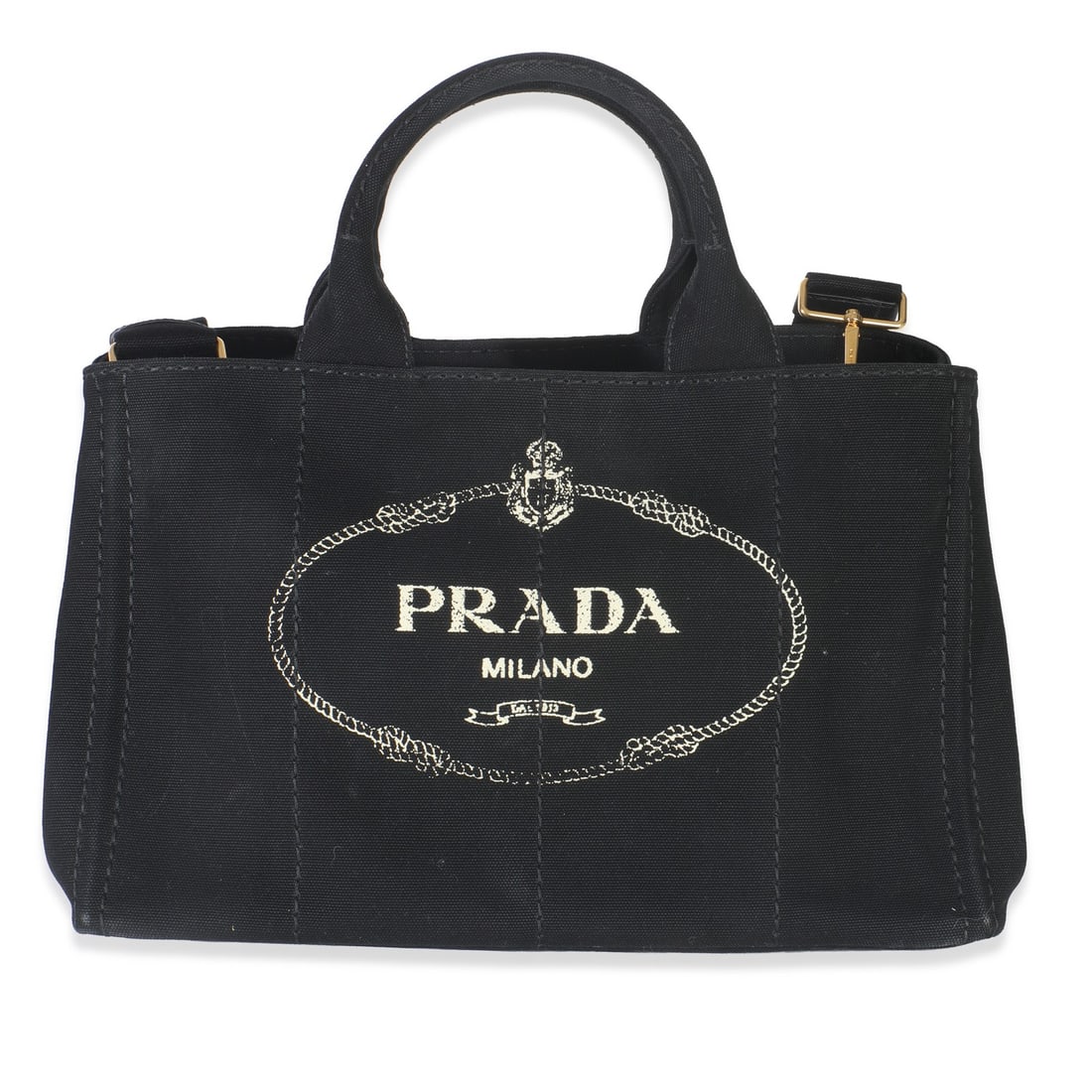 Small Canapa Tote Black Canvas Bag with Removable Straps by Prada: Small Canapa Tote Black Canvas Bag with Removable Straps by Prada This Prada Small Canapa Tote features a black canvas exterior with a white logo, complemented by gold-tone hardware. The tote includes