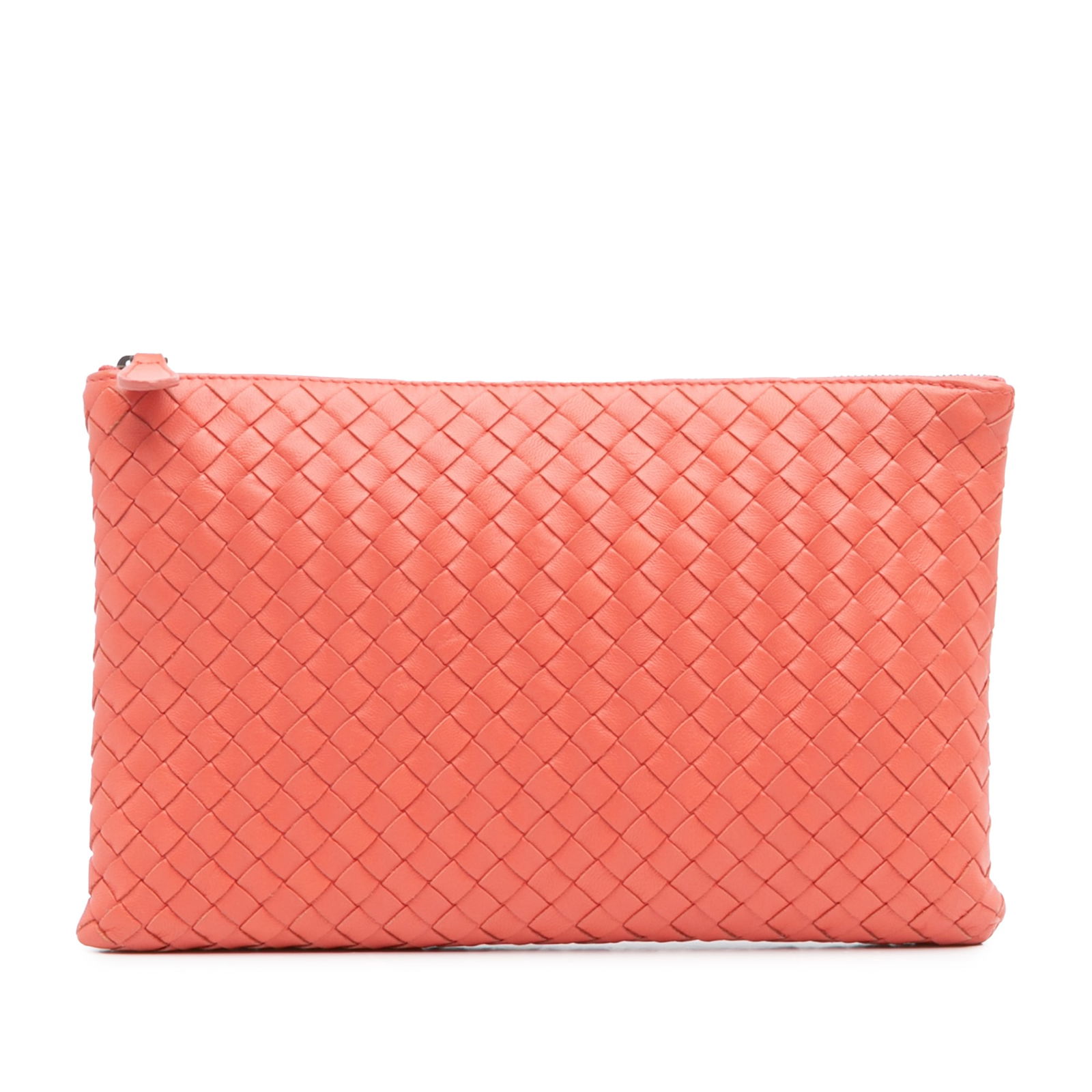 Bottega Veneta Nappa Intrecciato Leather Clutch Orange Italy: Bottega Veneta Nappa Intrecciato Leather Clutch Orange Italy This Bottega Veneta Nappa Intrecciato Clutch showcases a stylish woven leather design, complemented by a secure top zip closure. The vibran