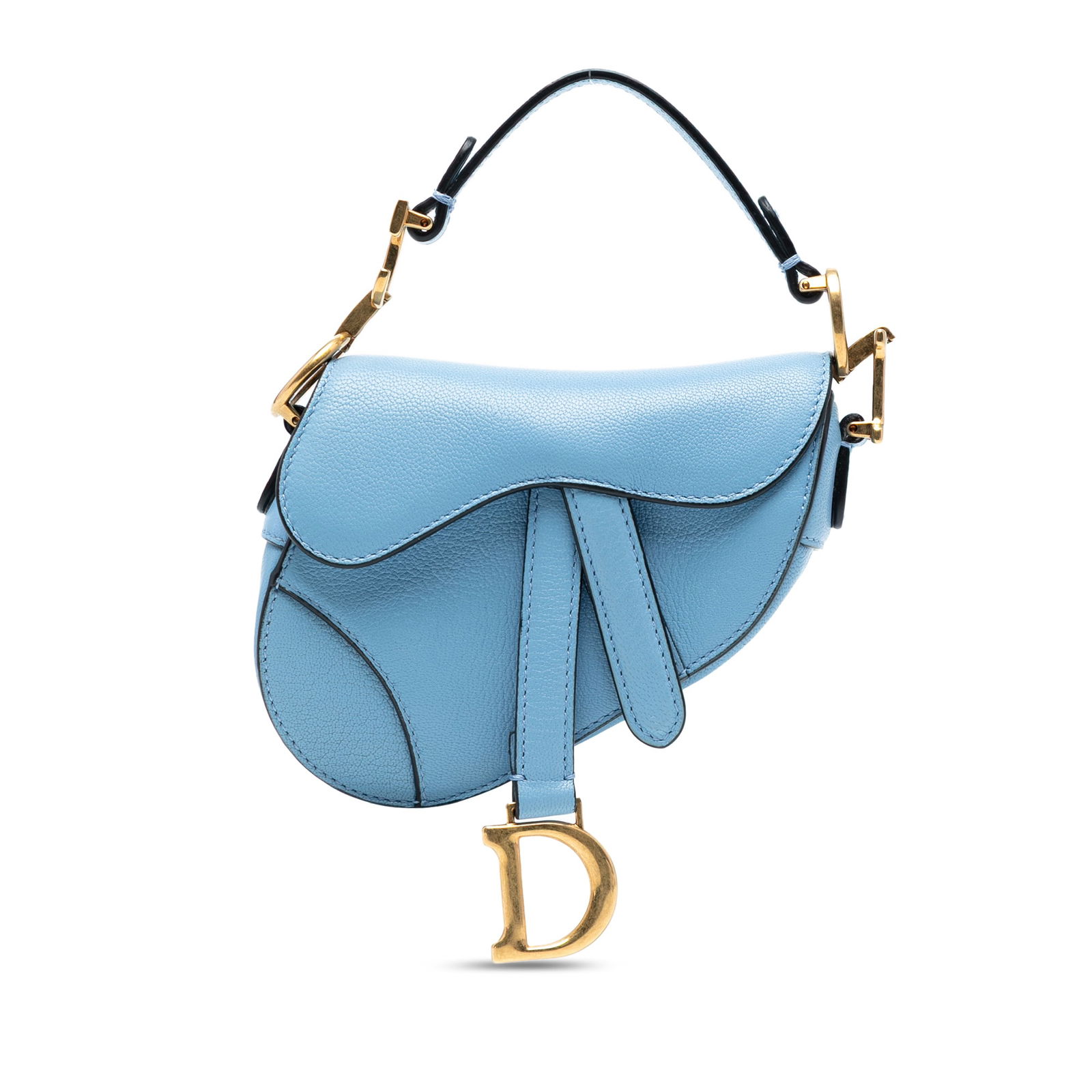 Dior Micro Goatskin Saddle Bag Blue Leather Italy: Dior Micro Goatskin Saddle Bag Blue Leather Italy The Dior Micro Goatskin Saddle Bag is a stylish accessory crafted from high-quality leather. It features a structured body complemented by a flat leat