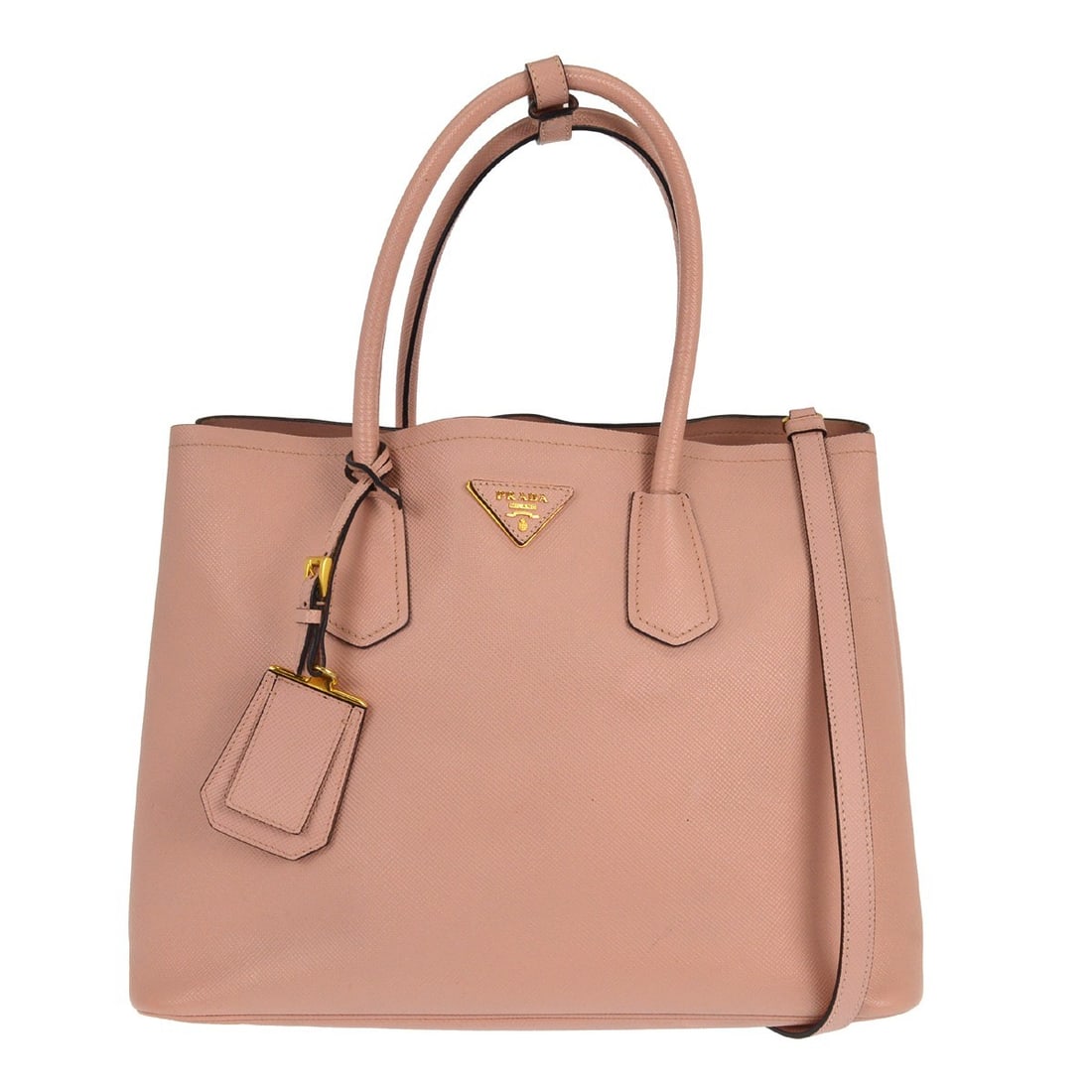 Prada Pink Saffiano Leather Cuir Double Tote Bag 36cm: Prada Pink Saffiano Leather Cuir Double Tote Bag 36cm This Prada Cuir Double Tote is crafted from pink Saffiano leather and designed for women. Made in Italy, it features a spacious interior and displ