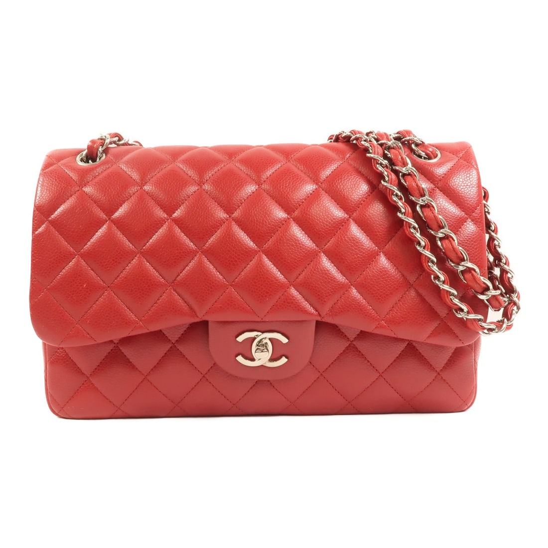 Red Calfskin Large Classic Shoulder Bag CHANEL CC Silver Hardware A58600 (1 of 18)
