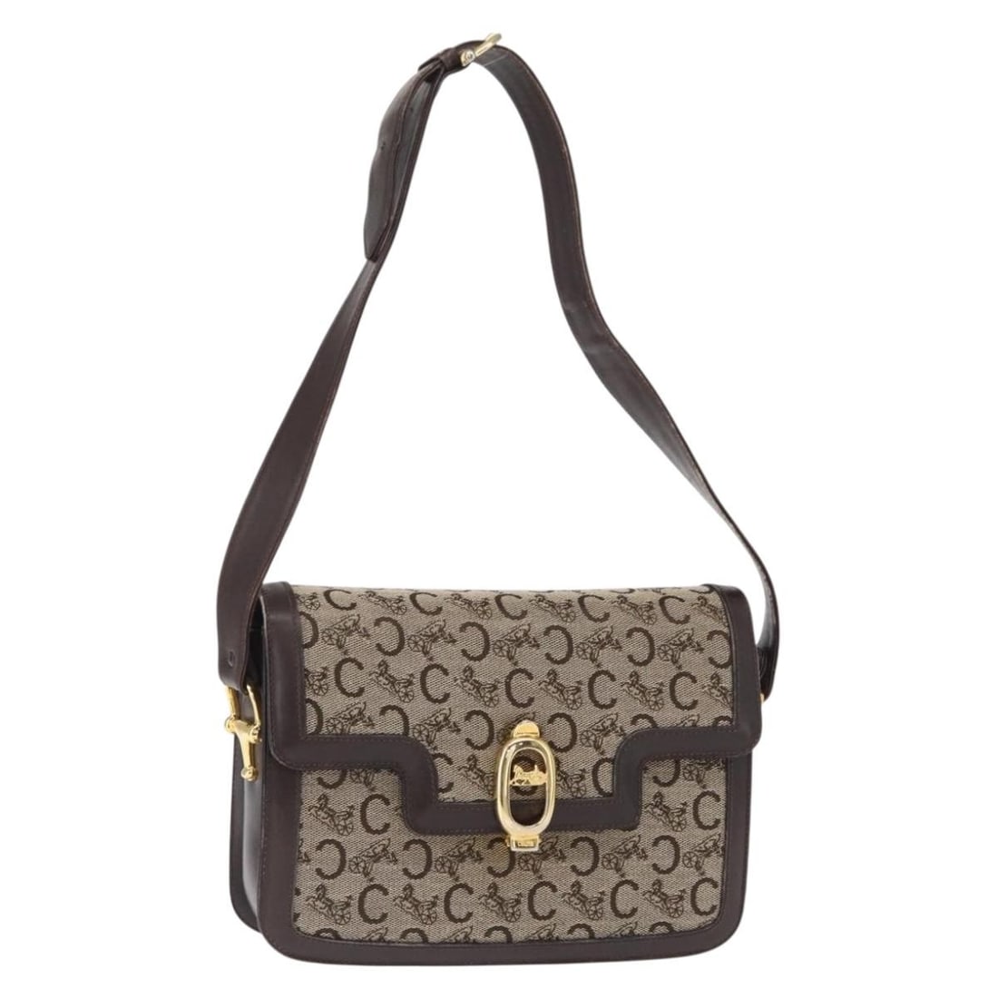 Celine C Sulky Horsebit Brown Canvas and Leather Vintage Shoulder Bag: Celine C Sulky Horsebit Brown Canvas and Leather Vintage Shoulder Bag This Celine Vintage C Sulky Horsebit Shoulder Bag features a classic brown canvas body with leather accents and a signature horseb