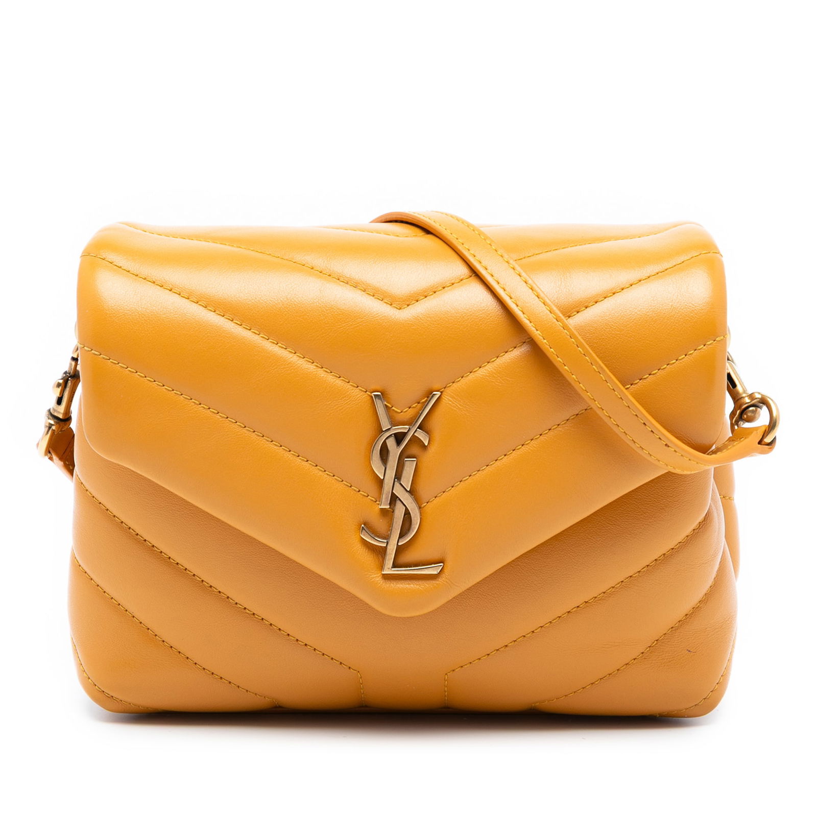 Saint Laurent Toy LouLou Orange Leather Crossbody Bag with Monogram Flap: Saint Laurent Toy LouLou Orange Leather Crossbody Bag with Monogram Flap The Saint Laurent Toy Matelasse Leather Monogram LouLou Crossbody is crafted from orange leather and features a detachable flat