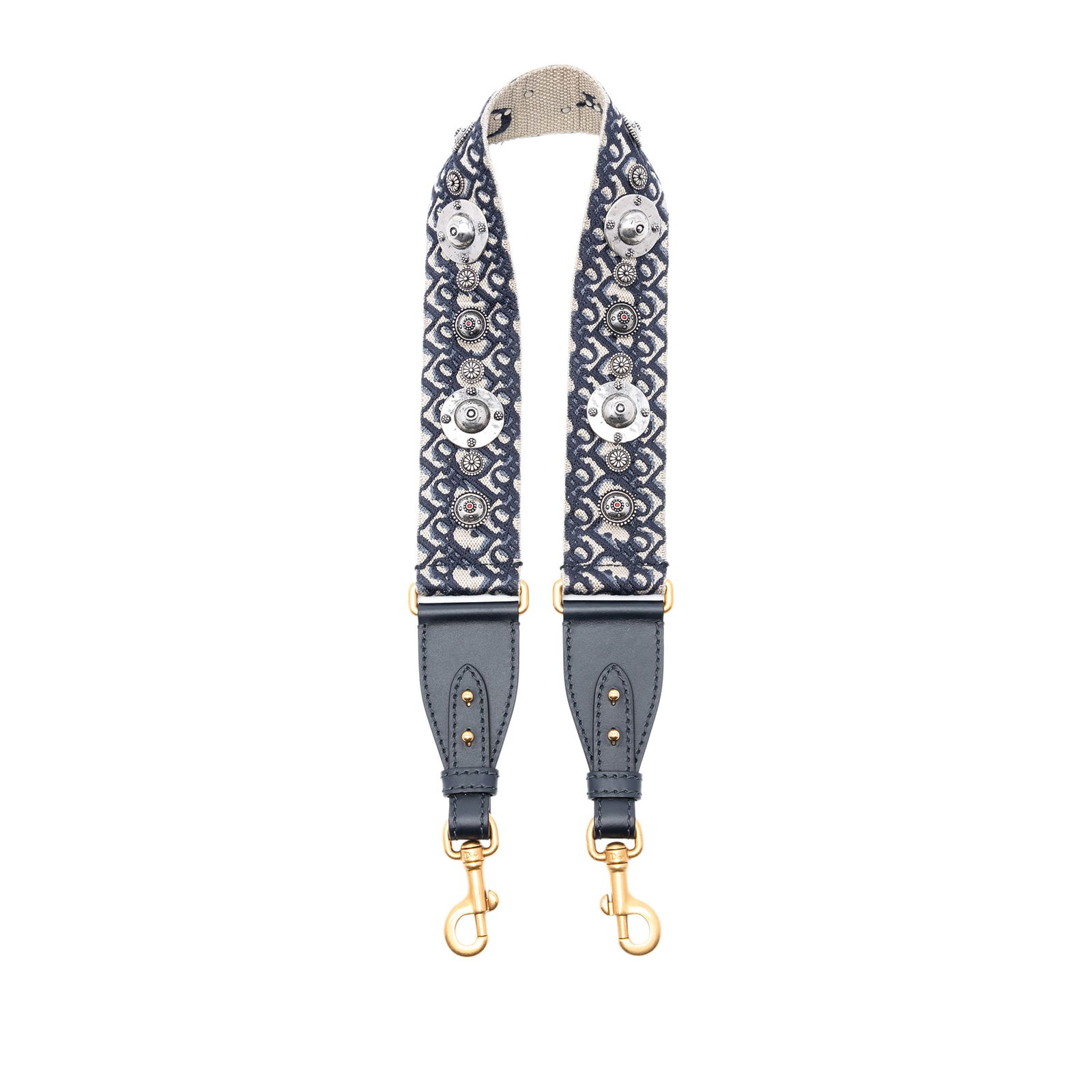 Blue Dior Oblique Canvas Shoulder Strap with Studs and Leather Trim: Blue Dior Oblique Canvas Shoulder Strap with Studs and Leather Trim This Dior Oblique Embroidered Canvas Studded Bag Strap features a studded canvas body with leather trim and metal snap hook attachme