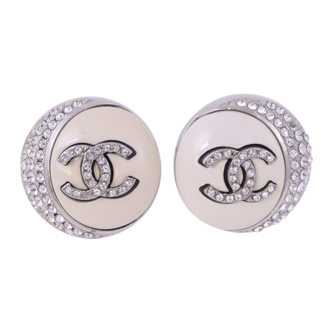 White Metal and PVC Pierced Earrings CHANEL CC C22/C Strass: White Metal and PVC Pierced Earrings CHANEL CC C22/C Strass These CHANEL pierced earrings feature a white color scheme with CC logos and are crafted from metal, PVC, and strass. Designed without stone