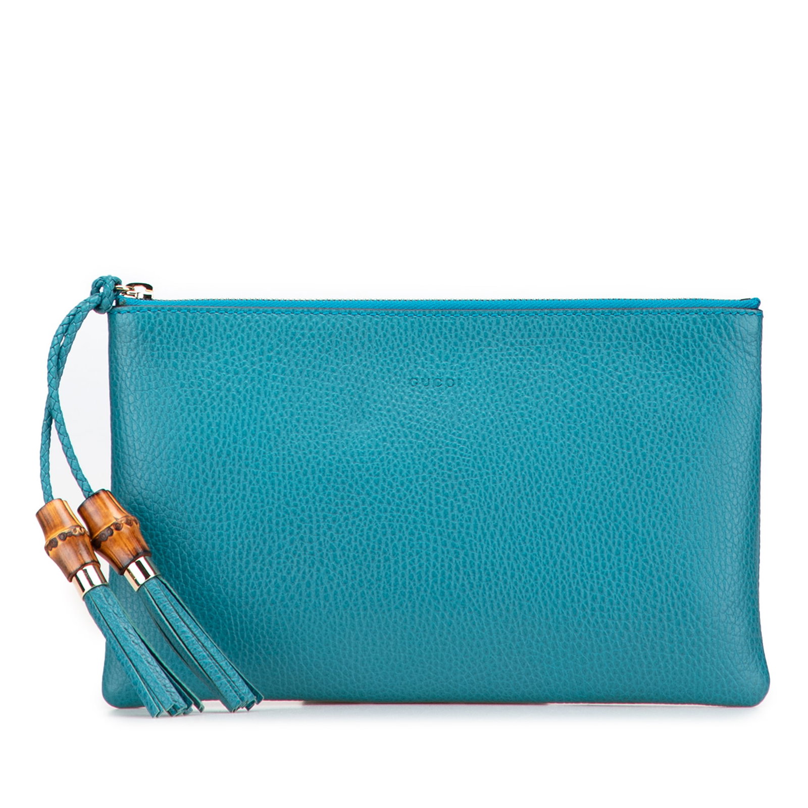 Gucci Blue Calfskin Bamboo Clutch with Tassel Detail: Gucci Blue Calfskin Bamboo Clutch with Tassel Detail Introducing the Gucci Calfskin Bamboo Clutch, a stylish accessory that combines luxury with functionality. This exquisite clutch is crafted from hi